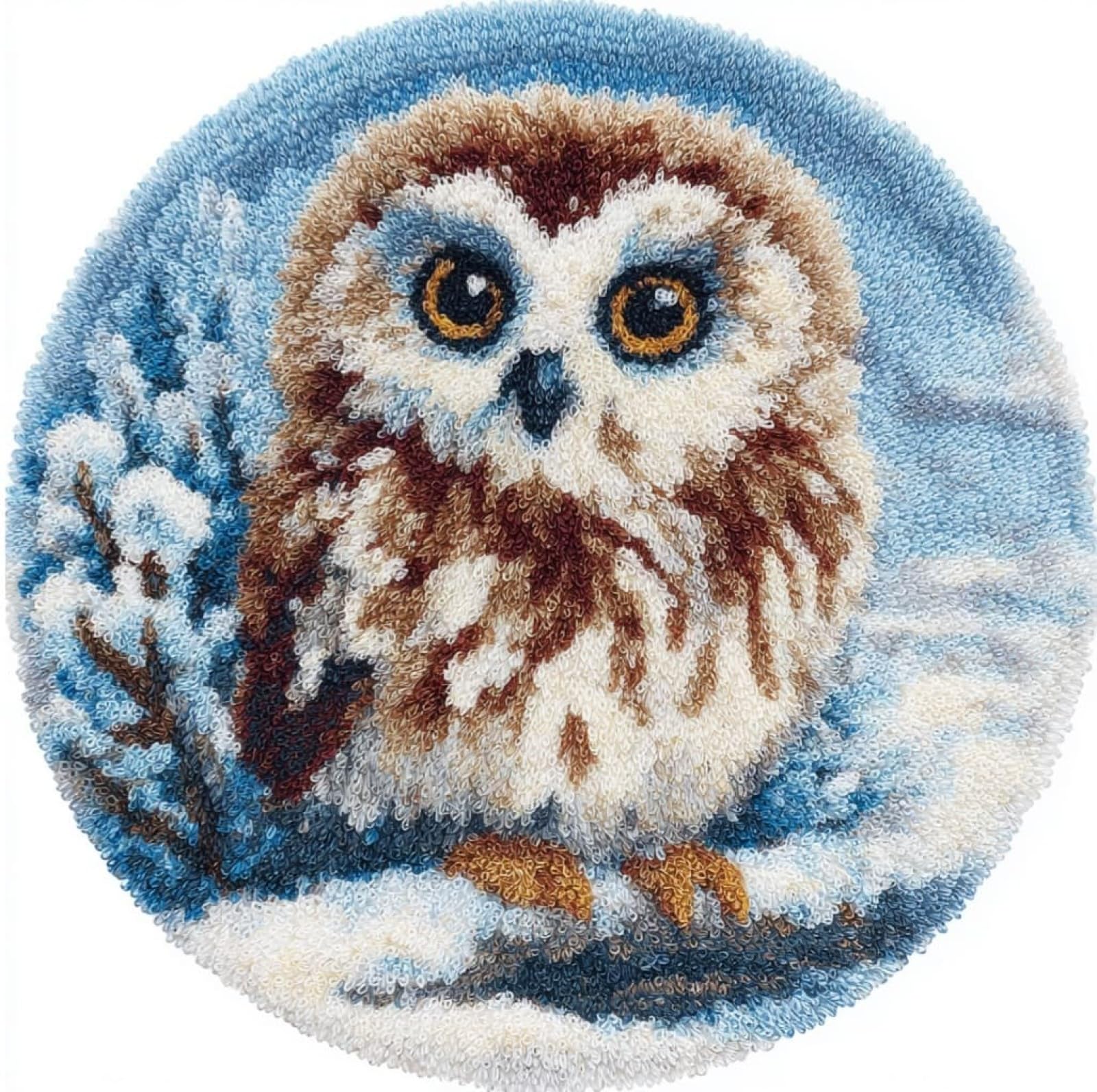 WallustrioaW 3D Latch Hook Rug Kit,Snowy Tree Branches and Owls,DIY Latch Hook Kit Rug Making Crafts for Kids and Adults,Embroidery Carpet Cushion with Sewing Tool,50x50cm