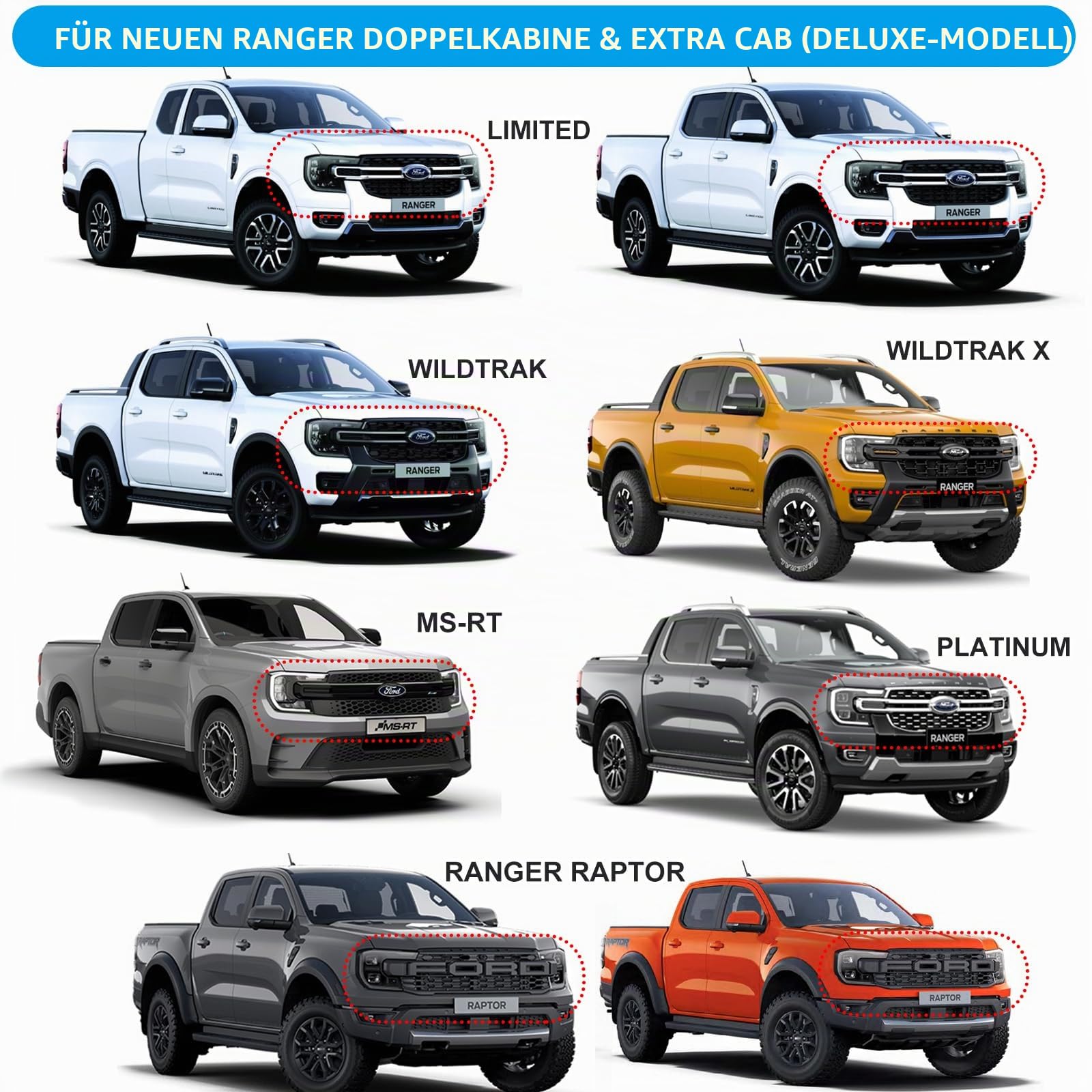 Scheinwerferblenden für Ford Ranger T9 2023-2026 Wildtrak Raptor Limited Zubehör, ABS Schwarze Scheinwerfer Abdeckung Blenden, Frontlicht Rahmen Scheinwerfercover