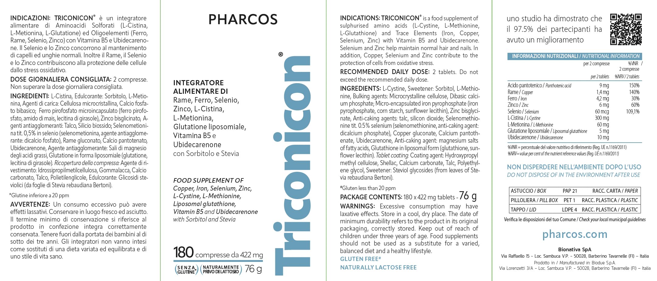 PHARCOS® Triconicon 180 compresse - Integratore alimentare per la caduta dei capelli stagionale e la fragilità ungueale. Rinforza capelli e unghie