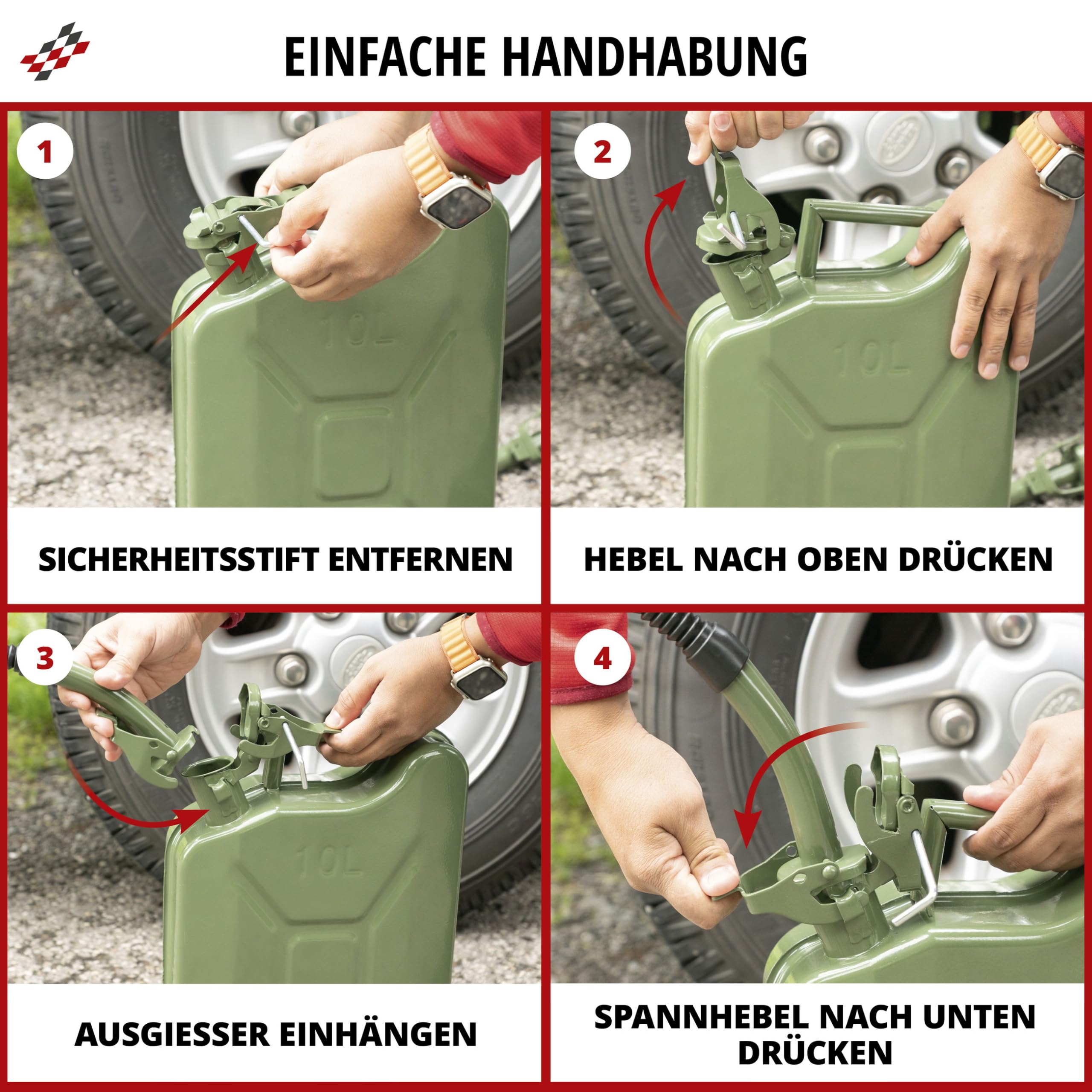 WALSER bidón gasolina metal 10 litros, bidón gasóleo metal certificado ONU con tapón de seguridad, bidón gasolina, bidón combustible metal, bidón gasolina metal verde oliva 30x13x40,5 cm