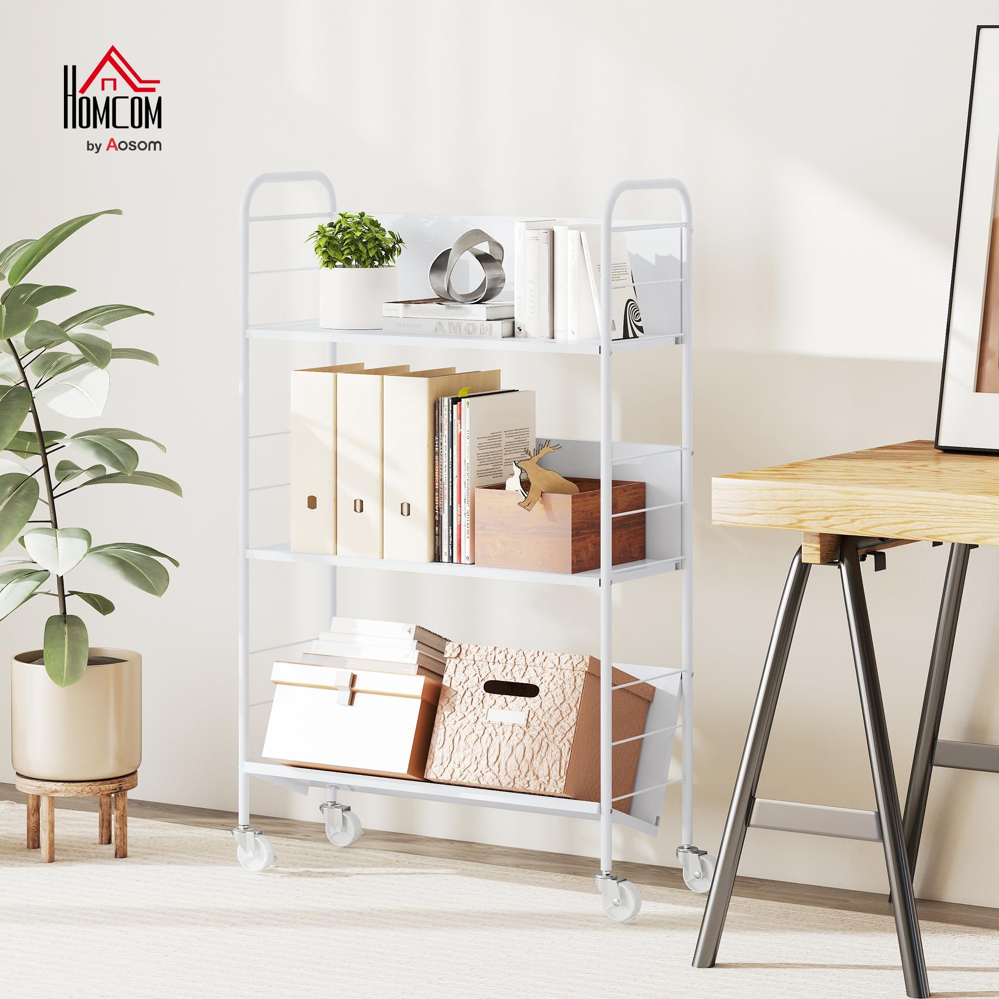 HOMCOM Carrello Portalibri a 3 Livelli in Metallo con Ruote Girevoli con Freno, Libreria Scaffale Moderno per Libri e Riviste, per Soggiorno, Camera da Letto, 69x26x108 cm, Bianco