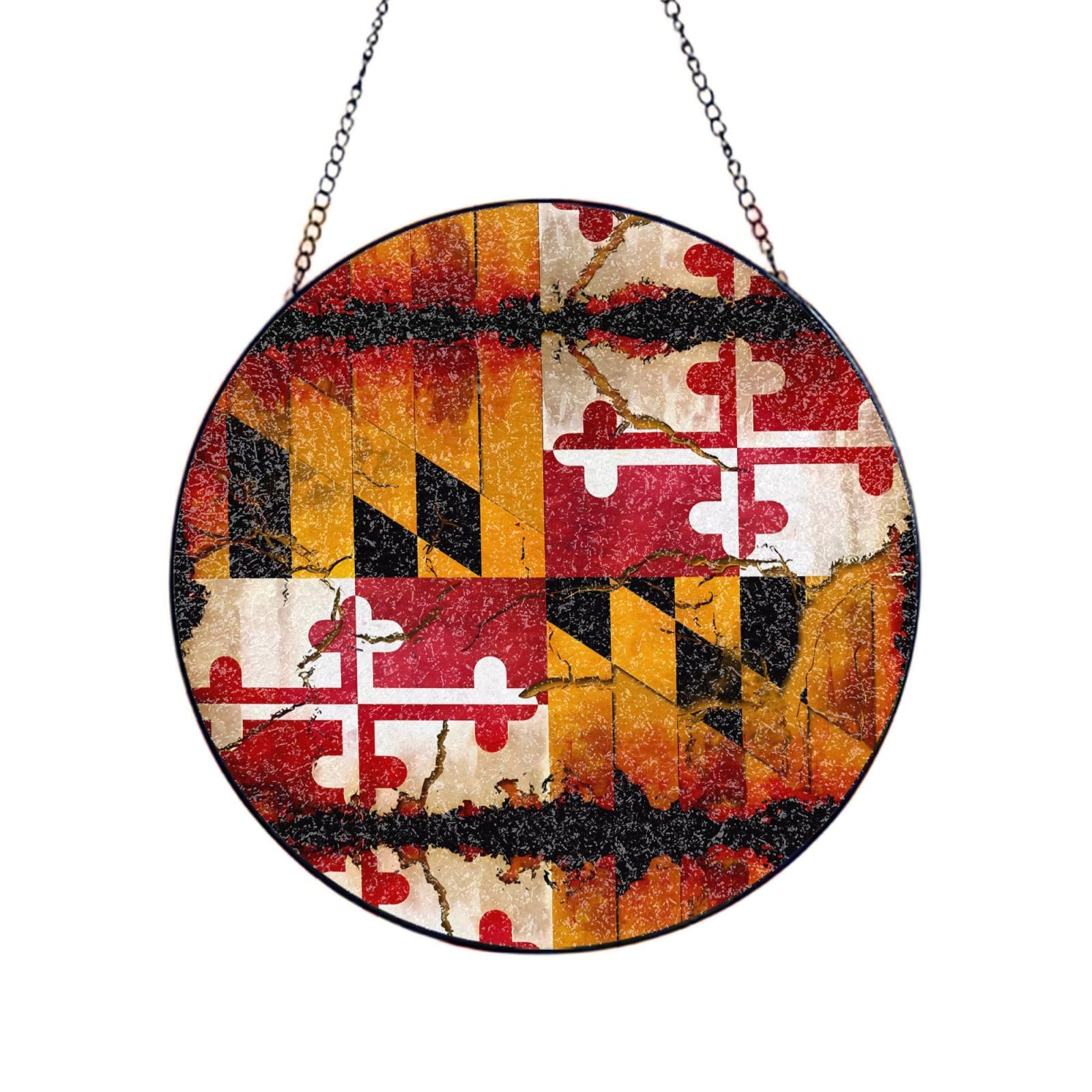 Phayah Vintage Wooden Maryland Flag Print Glass Window Hanging Sun Catchers Suncatcher Decor For Birthday For Home Garden Porch 4in（10cm）
