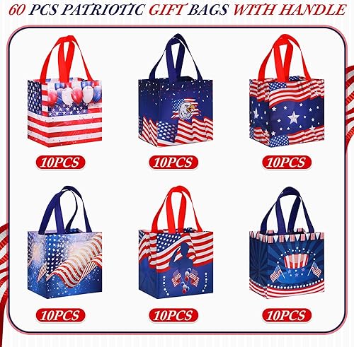 Miniatura 6 de Ctosree 60 bolsas de bandera estadounidense del 4 de julio, bolsas de regalo para el Día de los Veteranos, bolsas de regalo patrióticas con asa,
