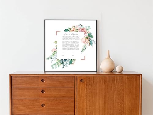 Miniatura 2 de Maybie & Co. Arte enmarcado personalizado de Ketubah de oro rosa rosa  Contrato de amor de arte judío  Contrato de matrimonio interreligioso