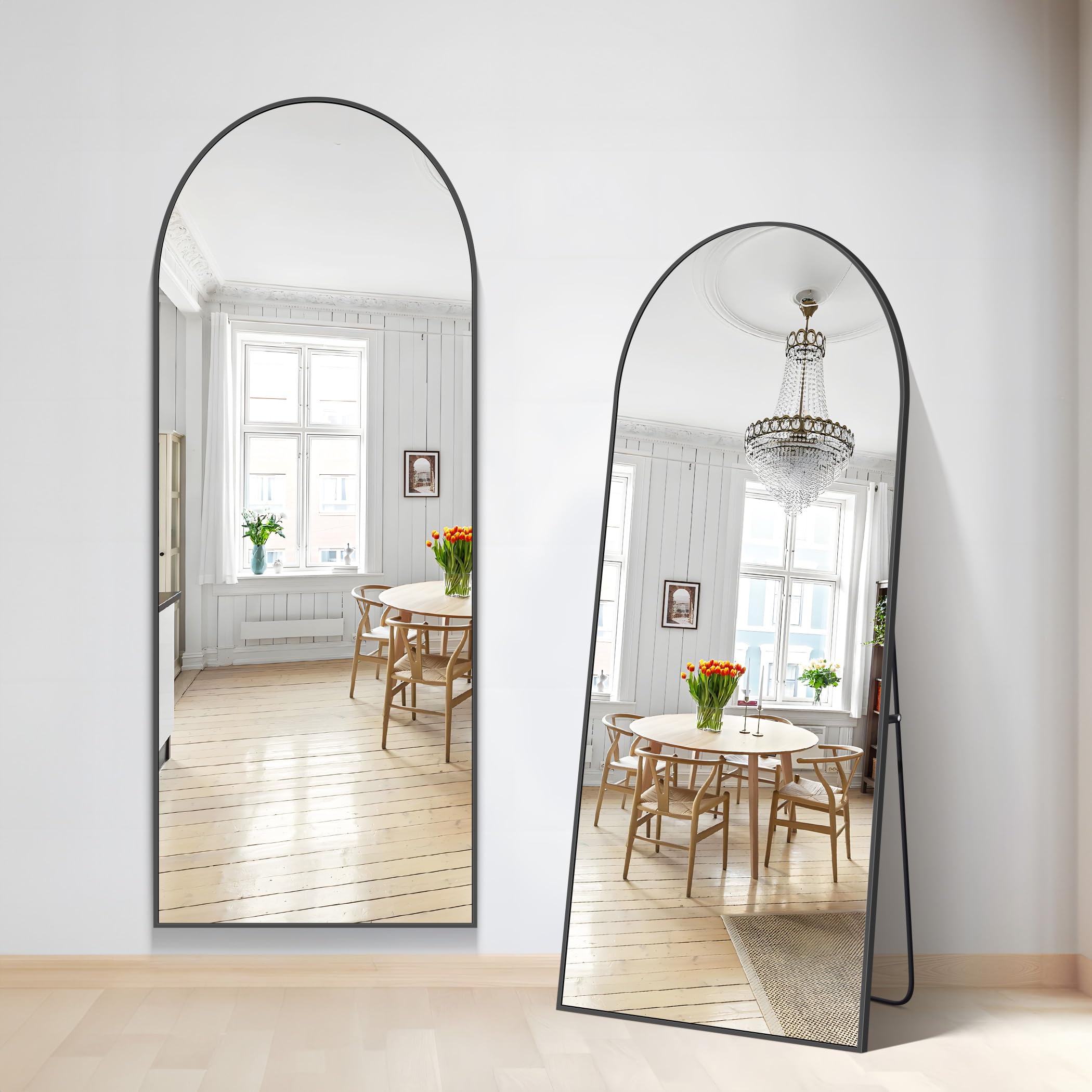 Specchio da Terra, 179 x 65 cm Specchio ad Arco con Cornice in Alluminio Nero per Bagno, Camera da Letto, Ingresso e Corridoio