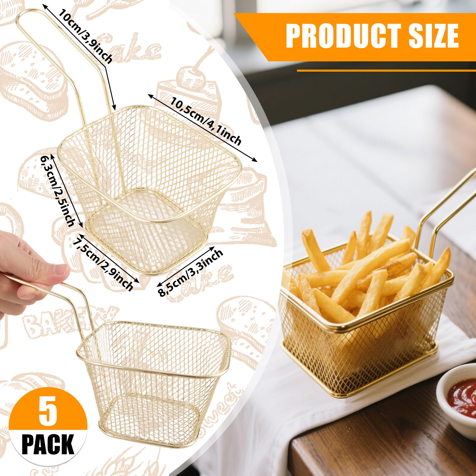 Lot De 5 Mini Paniers à Frites En Acier Inoxydable Doré 6x7.5x8.5 Cm Avec Poignée - Service Présentation