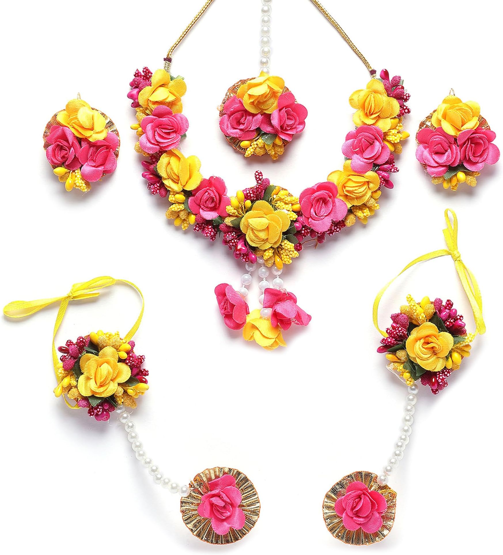 ZENEME White Pearl Beaded Gota Patti Floral Beaded Haldi & Mehendi Necklace With Earrings, Maang Tikka & Bracelet Jewellery Set For Girls and Women