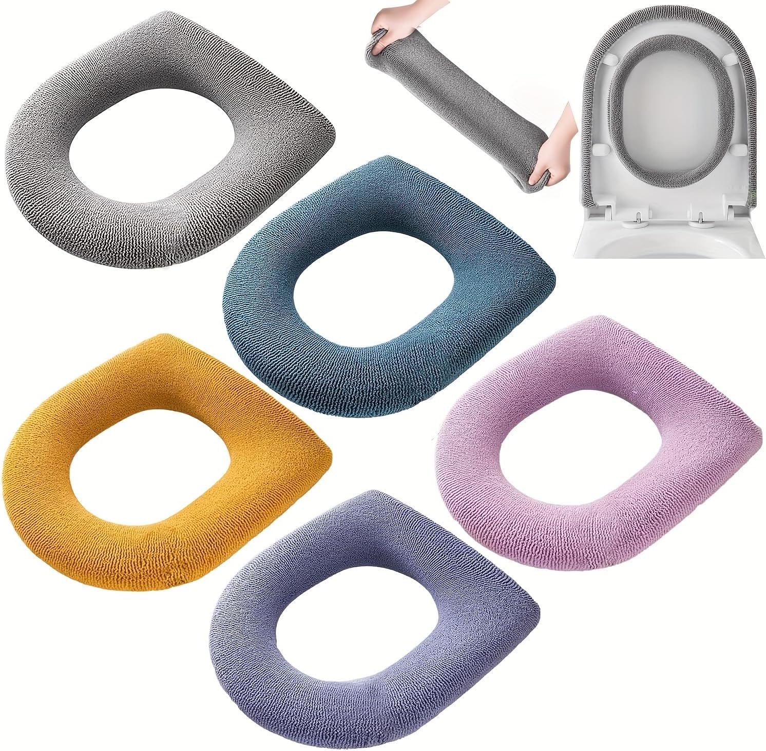 10 Pcs Bathroom Soft Thicker Warmer Stretchable Washable Cloth Toilet Seat Cover Pads (5 colors, 2 of each)