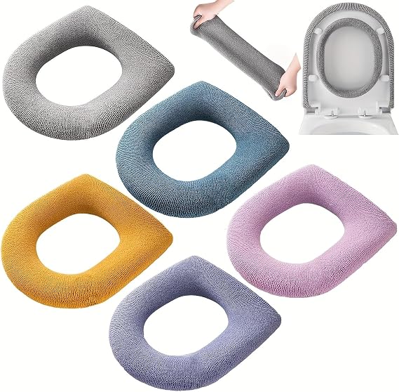 10 Pcs Bathroom Soft Thicker Warmer Stretchable Washable Cloth Toilet Seat Cover Pads (5 colors, 2 of each)