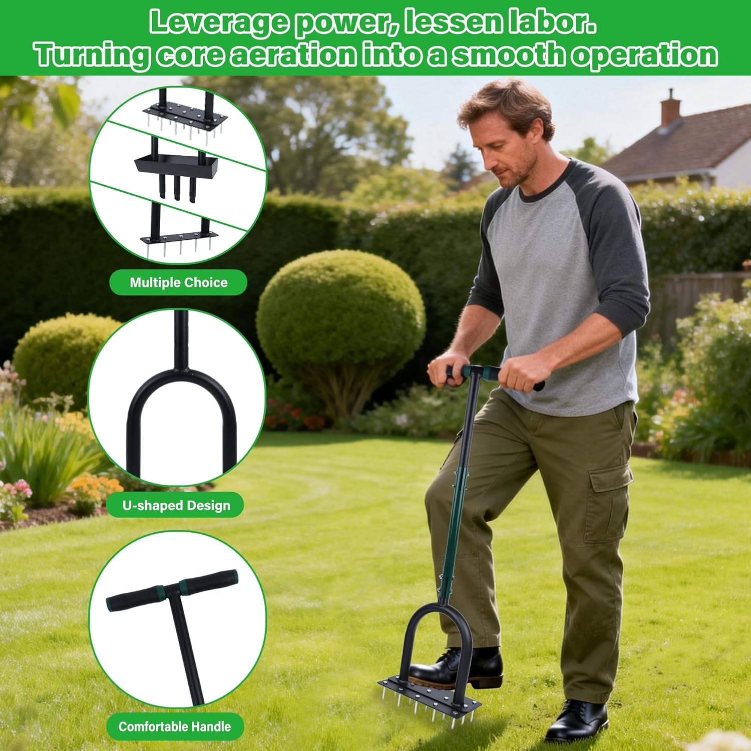 yofit 3-in-1 Manual Lawn Aerator Tool - Core & Spike Aerator with Changeable Heads (15 & 5 Spikes, Coring Head), Yard Aerators Tools with for Lawn Care, Grass Plug, Garden Soil (38.2 Inch)