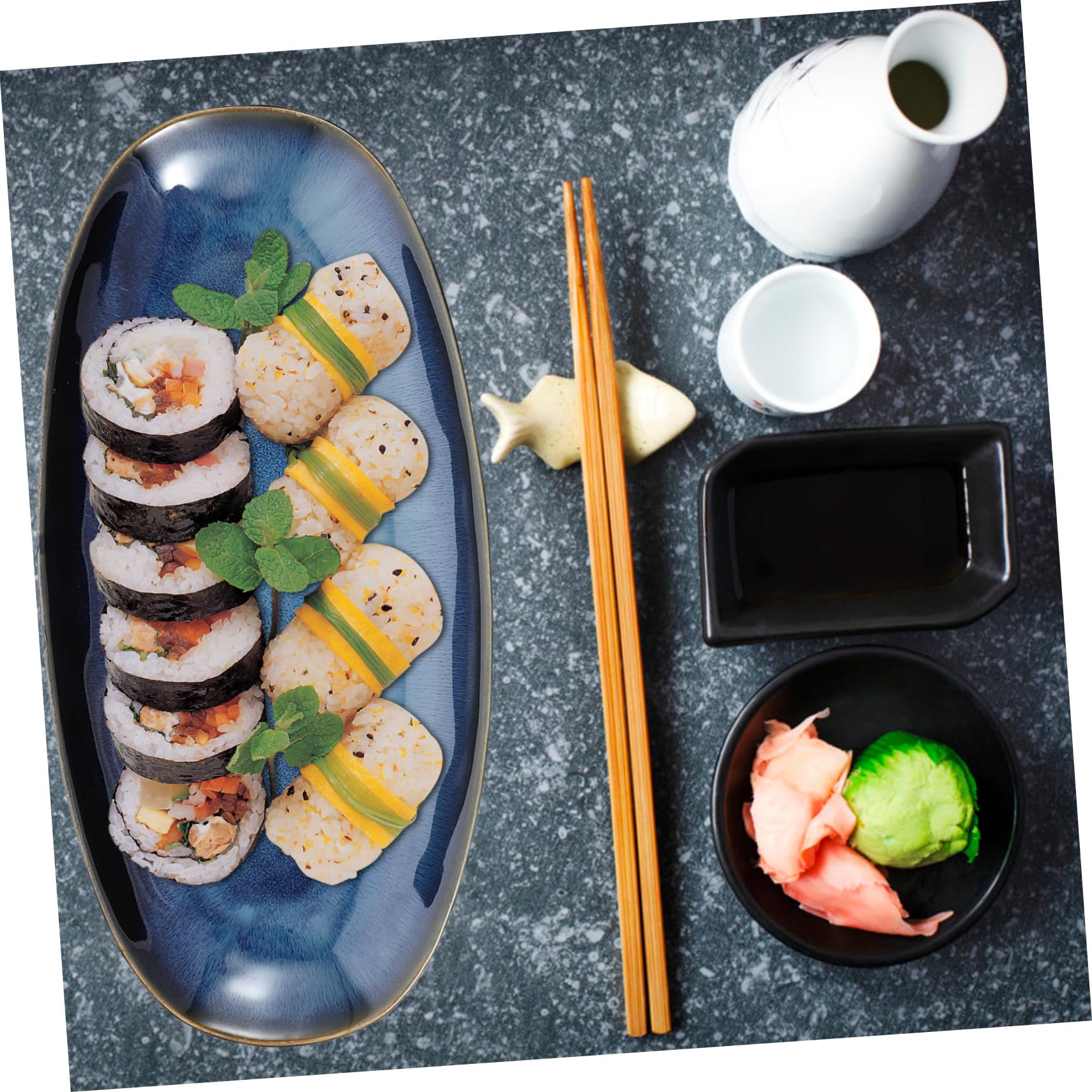 Veemoon Piatto Sushi Ceramica Grande Blu per Pesce e Frutta Vassoio Portata Antipasti Snack per Casa e Ristorante