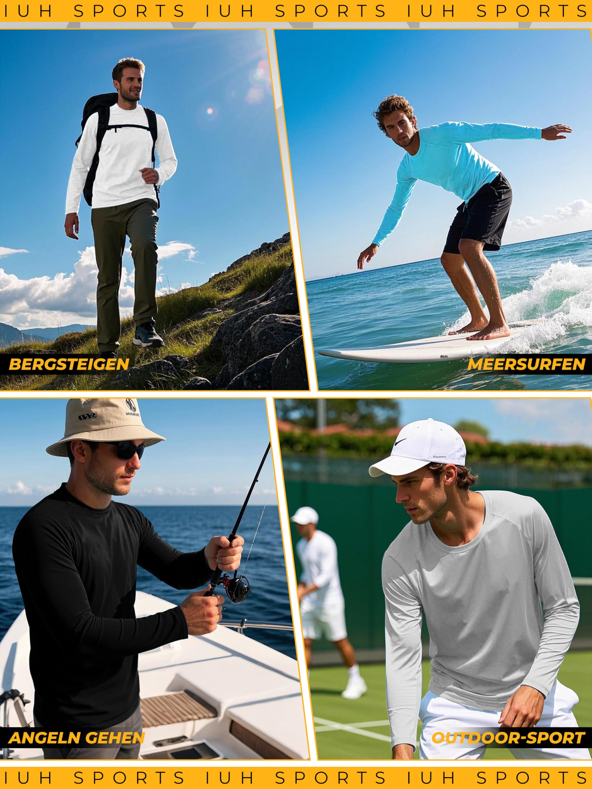 IHU 4er Pack UV Shirt Herren Langarm UPF 50+ Sonnenschutz Langarmshirt Outdoor Atmungsaktives Rashguard für Surfen