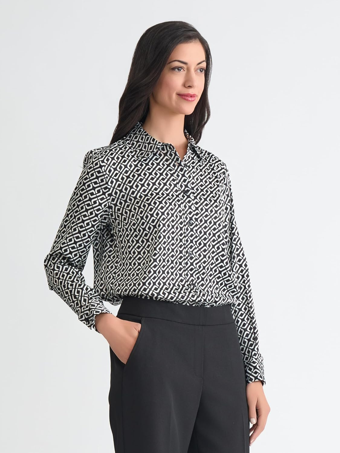 Kasper Womens Long Sleeve Geometric Print Satin Button-Down Shirt - Image 3