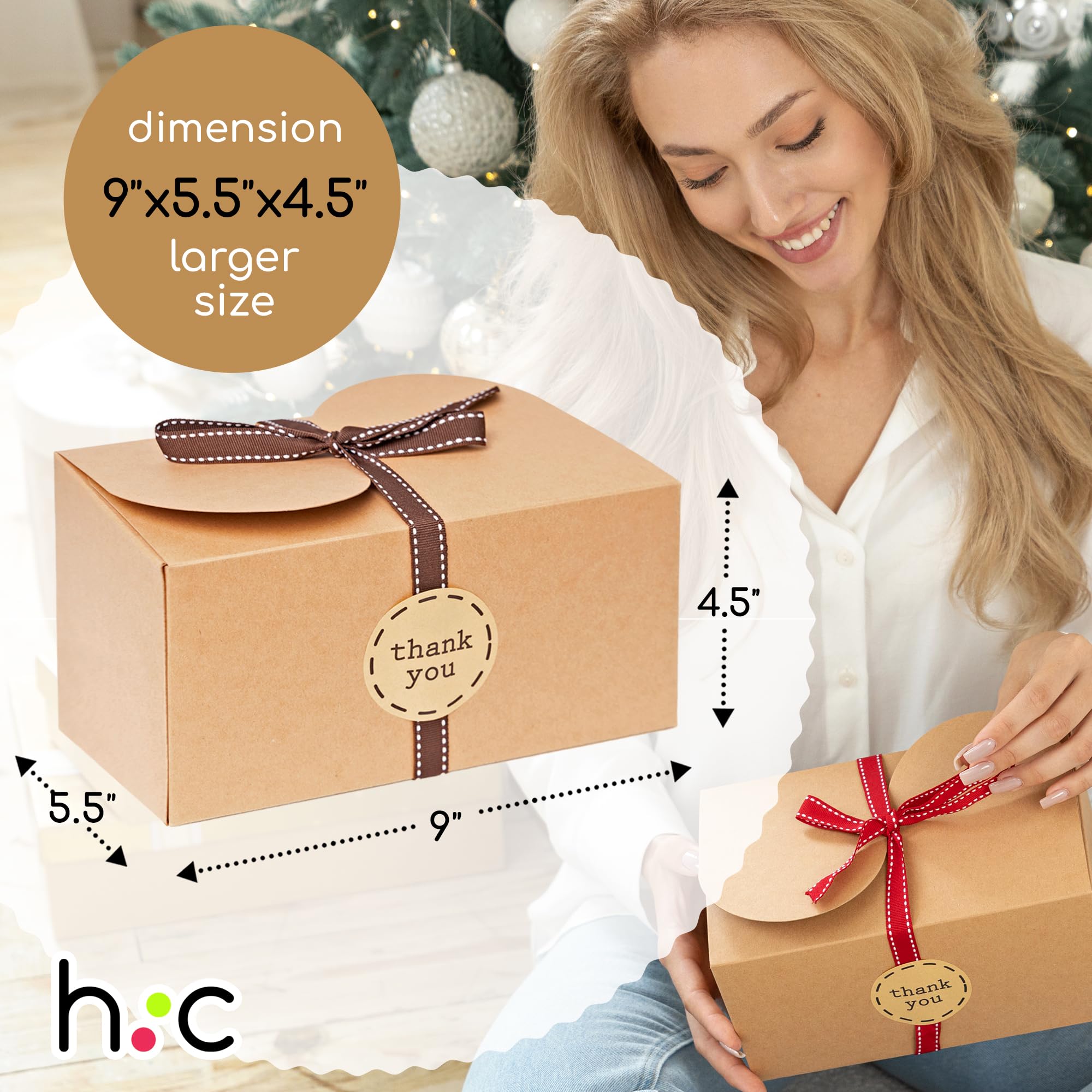 Cajas de galletas grandes de papel kraft marrón para regalar (paquete de 20) cajas de regalo de cartón de 9 x 5.5 pulgadas con cintas y calcomanía para productos horneados, pequeñas cajas de dulces