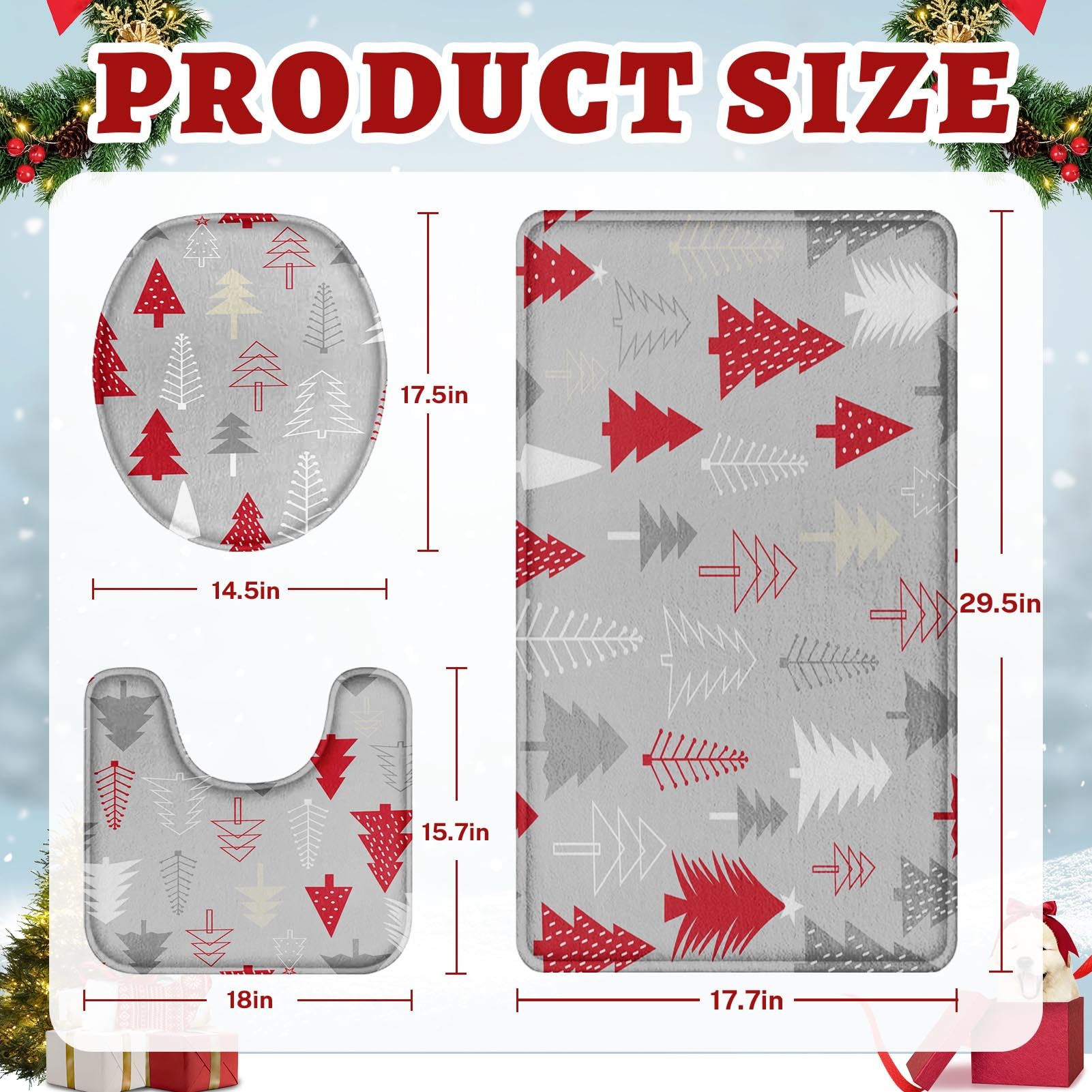 ArtSocket Juego de 3 tapetes de baño de Navidad, antideslizantes, absorbentes de invierno, de espuma viscoelástica, lavables a máquina, con diseño de árbol de Navidad