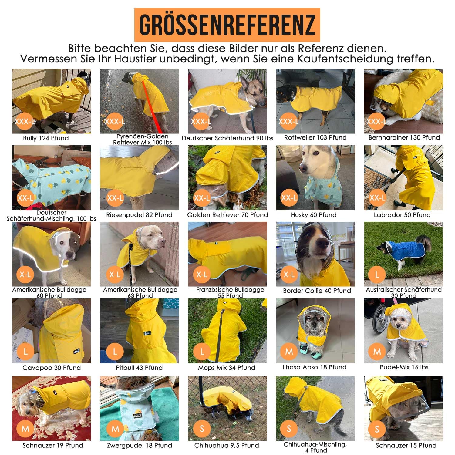 Eyein Wasserdichter Hunderegenmantel, Regenmantel für Große Hunde mit Kapuze und weichem Futter, Verstellbare Hunderegenjacke mit reflektierenden Streifen, Winddicht und leicht, Gelb, XXXL