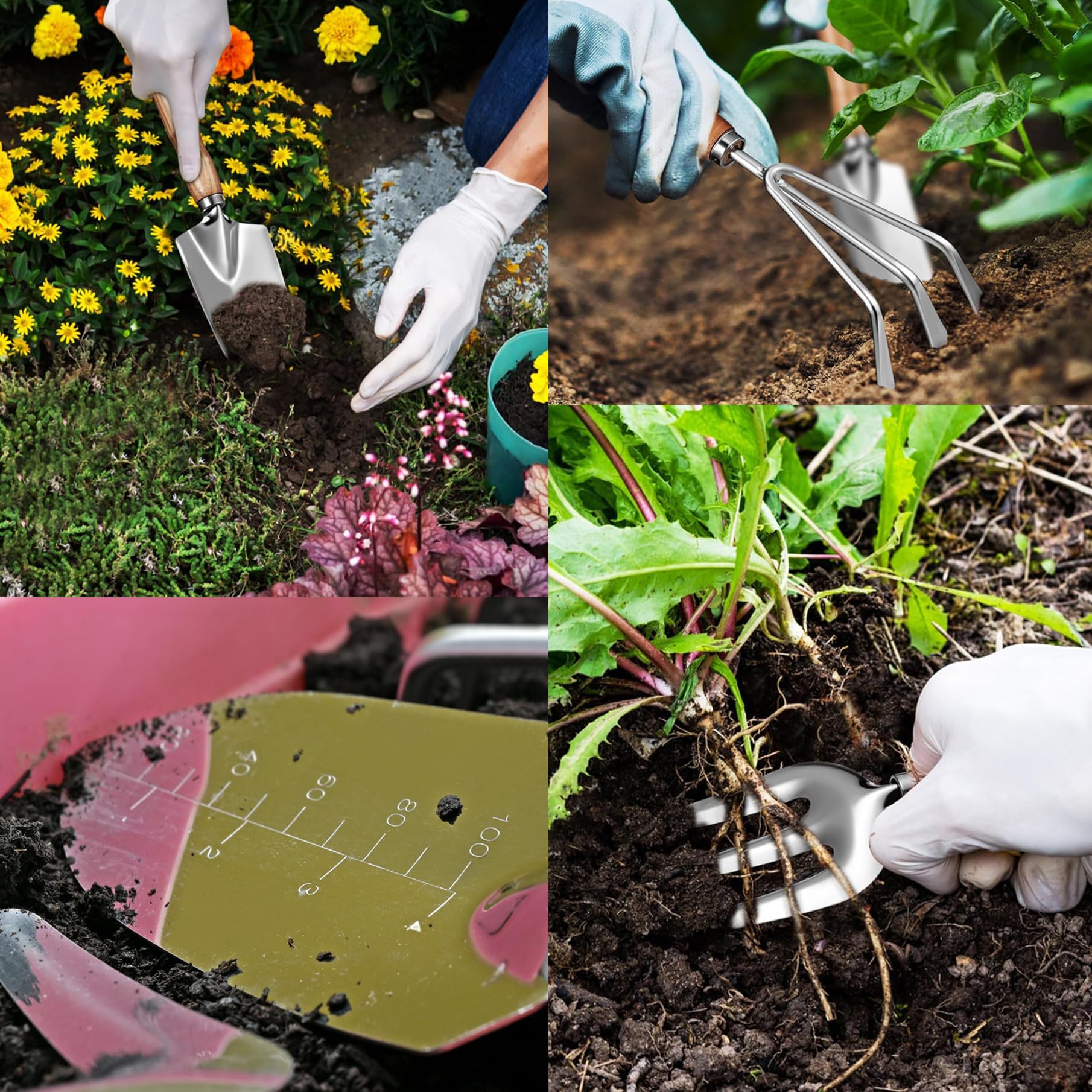Juego de herramientas de jardín de 13 piezas con bolsa de mano y delantal, alfombrilla de trasplante – Kit de plantación resistente de acero inoxidable, asas ergonómicas antideslizantes
