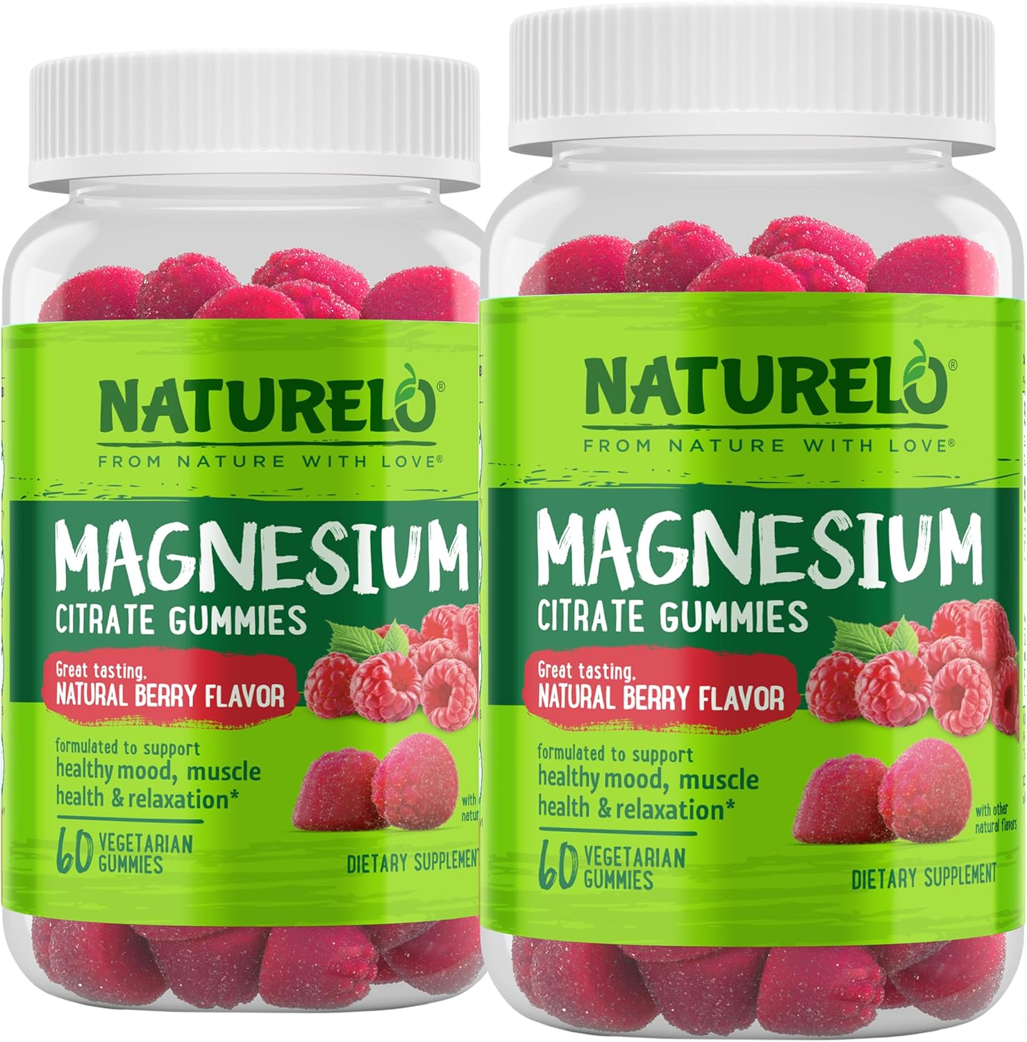 NATURELO Magnesium Citrate Gummies - for Calm & Relaxation Support, Natural Berry Magnesium Gummies, 60 Vegetarian Gummies (Pack of 2)