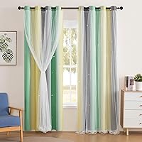 Vista 14 de XiDi Cortinas opacas para dormitorio de niñas, diseño de princesa unicornio arcoíris, 72 pulgadas de largo, rosa/azul