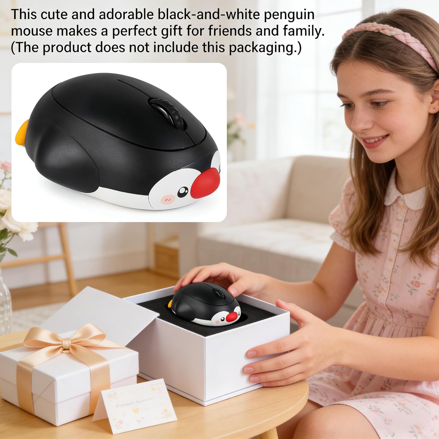 Cute Penguin Wireless Mouse, Bluetooth & 2.4G Dual Mode, Rechargeable Silent Mouse, Connect 3 Devices, High Precision Animal Design, Compatible with Laptop PC iOS Android Windows