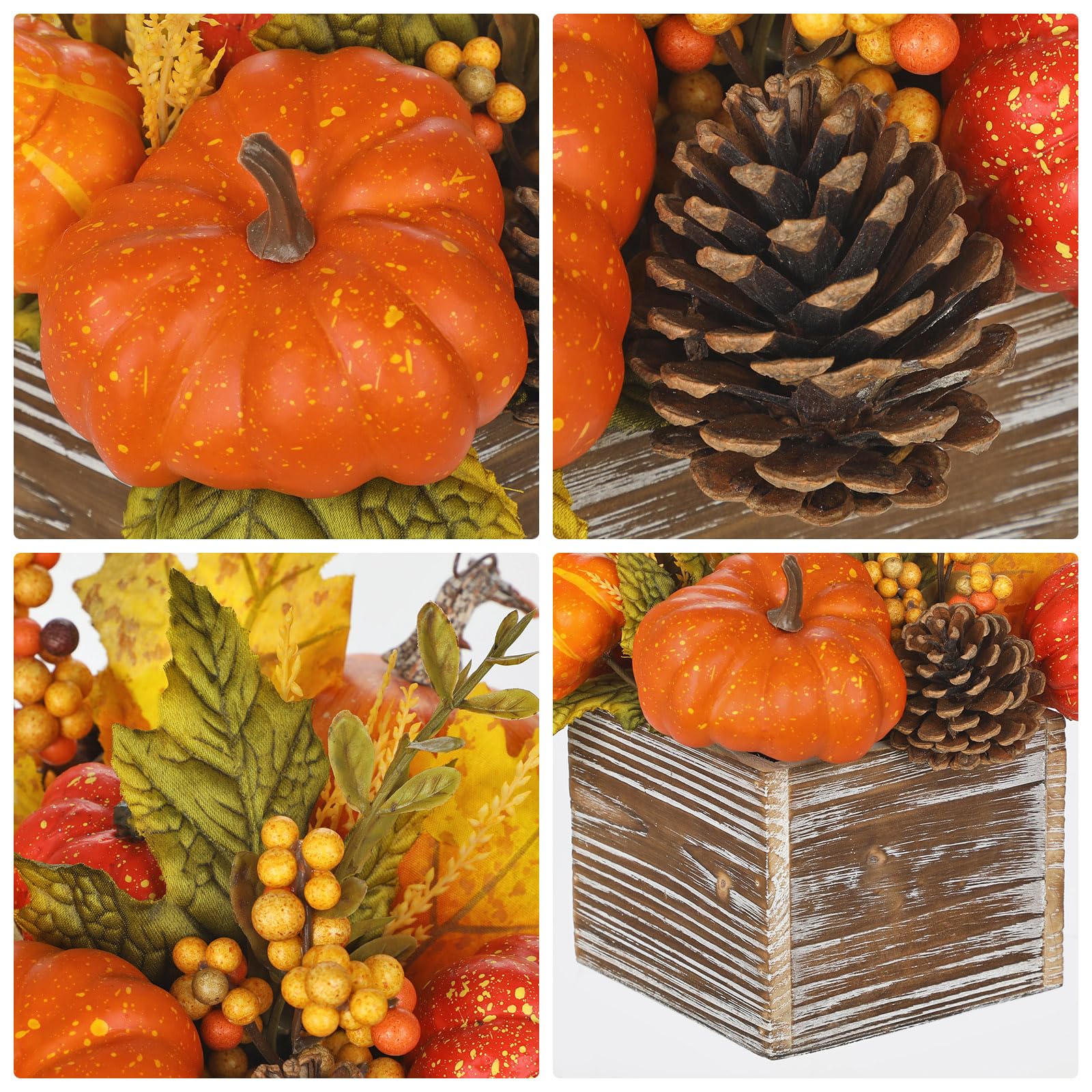 Décoration d'automne dans un vase en bois avec feuilles d'érable | Décoration d'automne citrouille avec pommes de pin, centre de table pour mariage d'automne, décoration d'intérieur d'automne