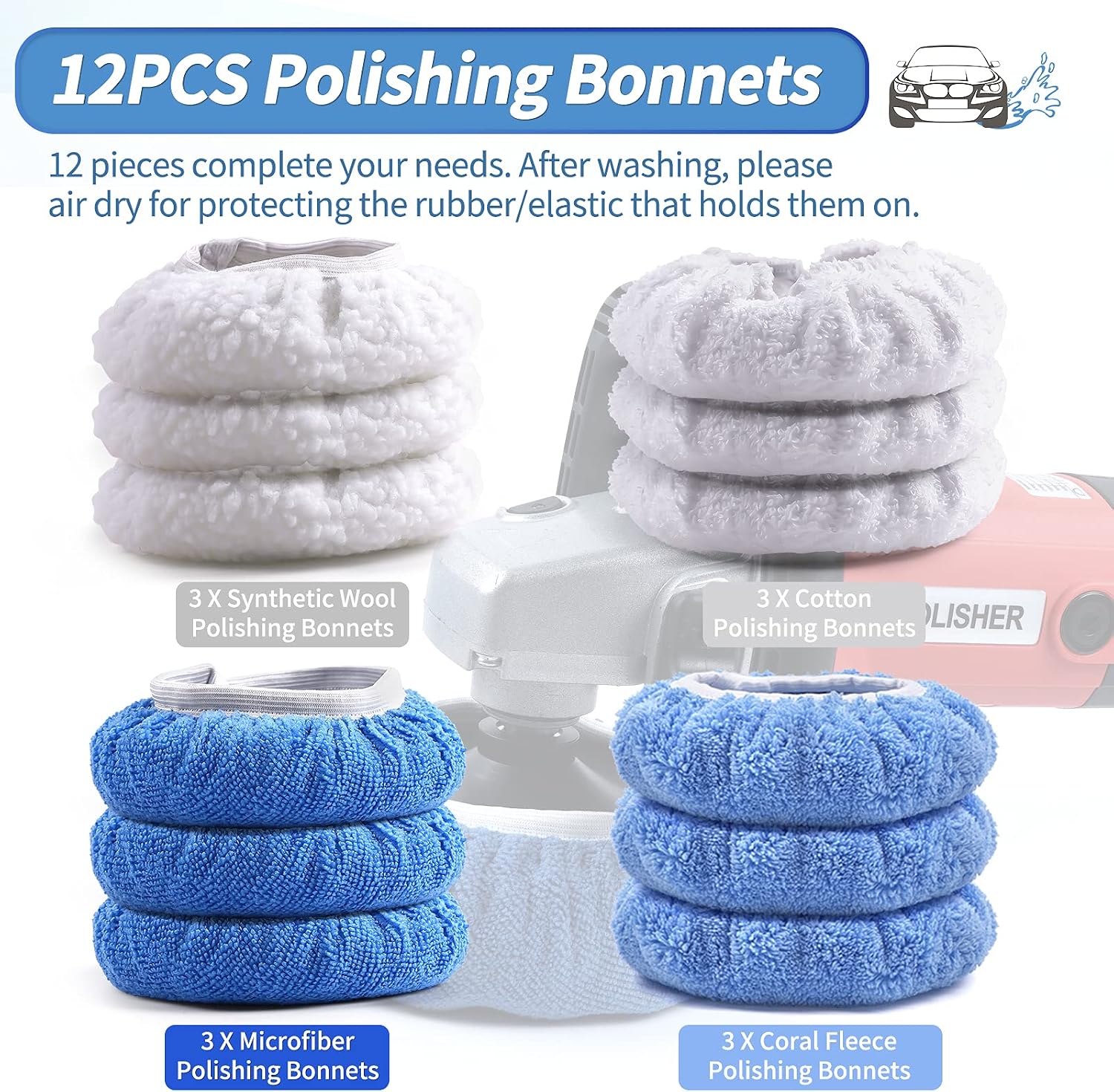 OTUAYAUTO 12PCS 7 Inch to 8 Inch Polishing Bonnets - Microfiber/Woolen/Cotton/Coral Fleece Car Buffing Bonnet for Most Automotive Polishers image 5