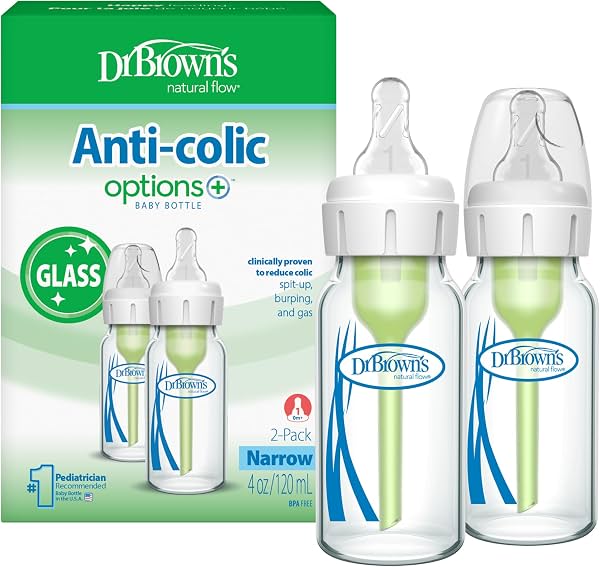 Dr. Brown's Anti-Colic Options+ Biberón de vidrio estrecho con tetina de flujo lento nivel 1, sin BPA, 4 oz/120 mL, desde 0 meses, paquete de 2 (el empaque puede variar)
