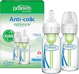 Dr. Brown's Anti-Colic Options+ Narrow Glass Baby Bottle with Level 1 Slow Flow Nipple, BPA-Free, 4 oz/120mL, 0m+, 2-Pack (Packaging May Vary)