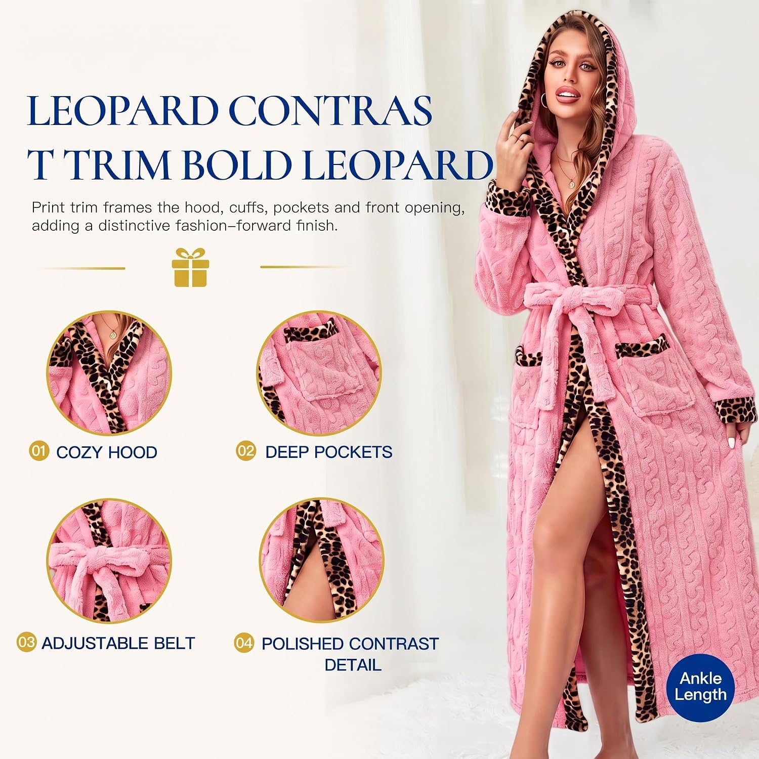 RONGTAI Women's Coral Fleece Long Robe Bathrobe, Jacquard Hearts image 3