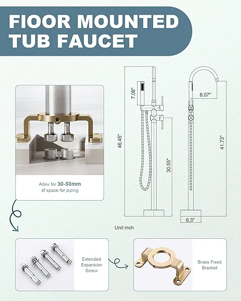 Freestanding Bathtub Faucet Brushed Nickel, Floor Mount Tub Filler, High Flow Brass Shower Faucets with Handheld Sprayer for Bathroom