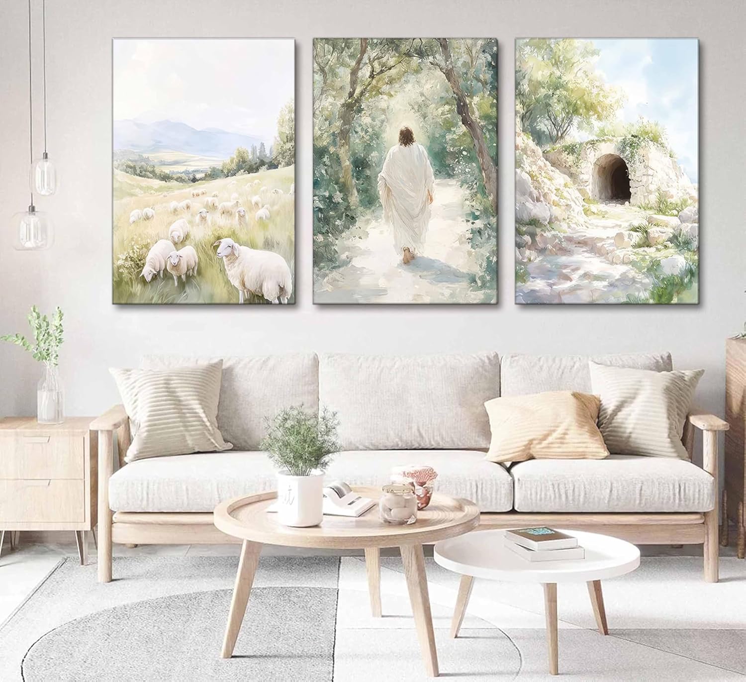 3 Pcs Christian Canvas Wall Art Modern Christian Bible Sheep Jesus On The Way Empty Tomb Painting Picture Wall Decor Bible Sketch Poster Prints for Office Living Room Bedroom Home Decoration