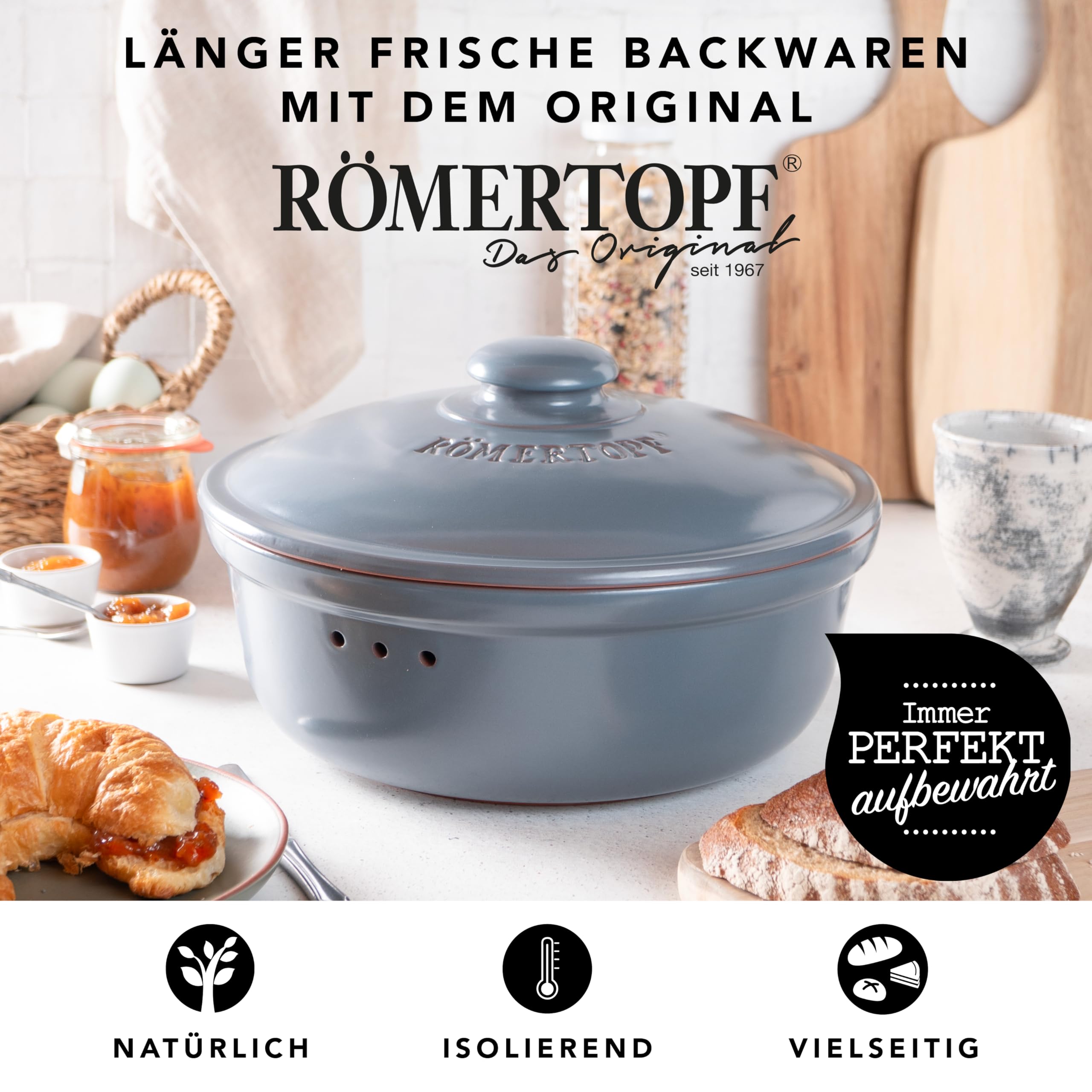 Römertopf Brottopf rund 4,5 L Brotkasten Keramik mit Deckel, Blau-Grau | Ø 30 cm, Platz für 1–2 Laibe oder viele Brötchen, atmungsaktive glasierte Keramik, spülmaschinengeeignet, seit 1967