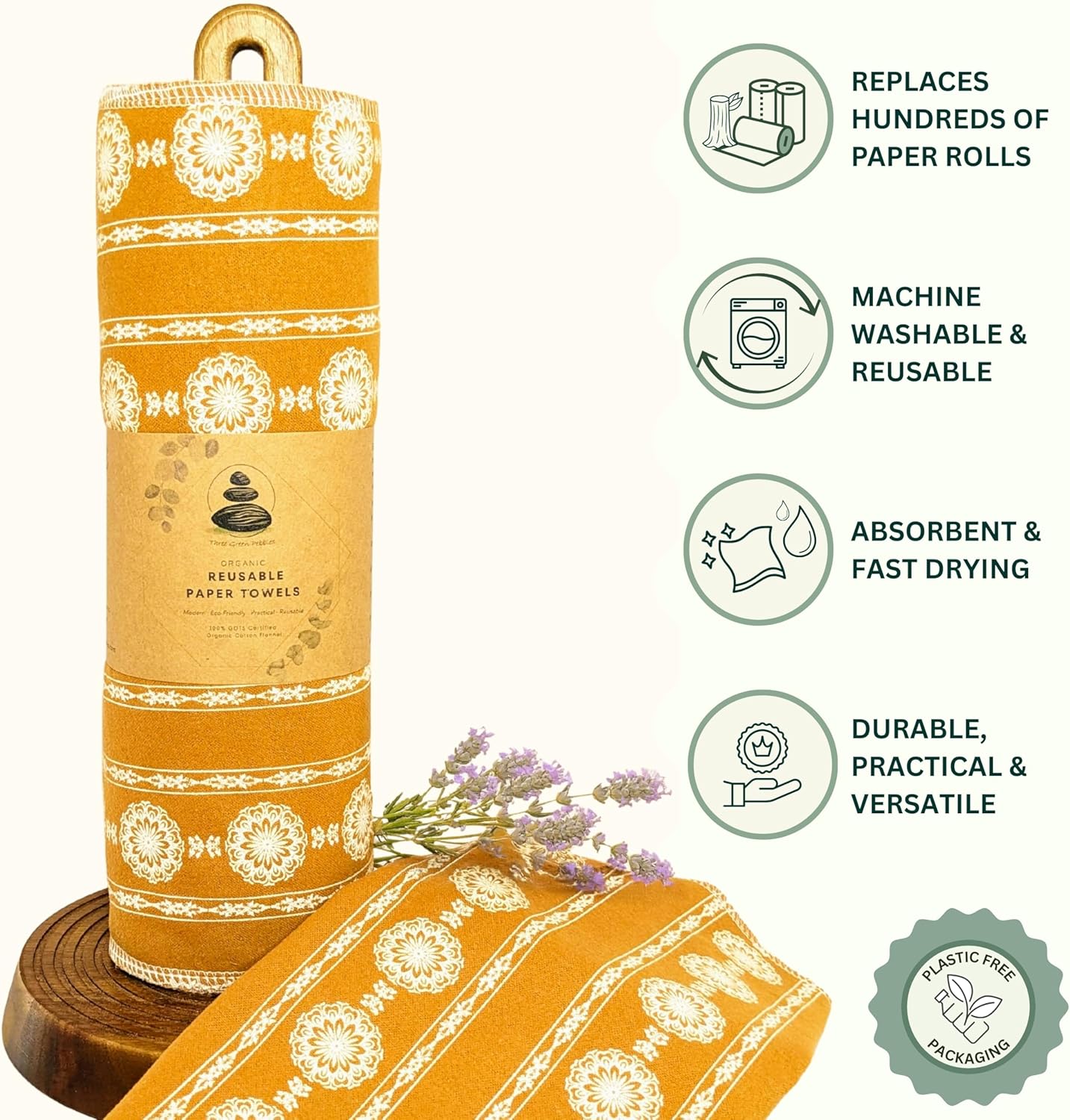 Reusable Paper Towels | 12-Pack Vintage French Country Lace in Caramel Ochre | GOTS Organic Cotton Paperless Towels with Wash Bag & Tube for Zero Waste Kitchen