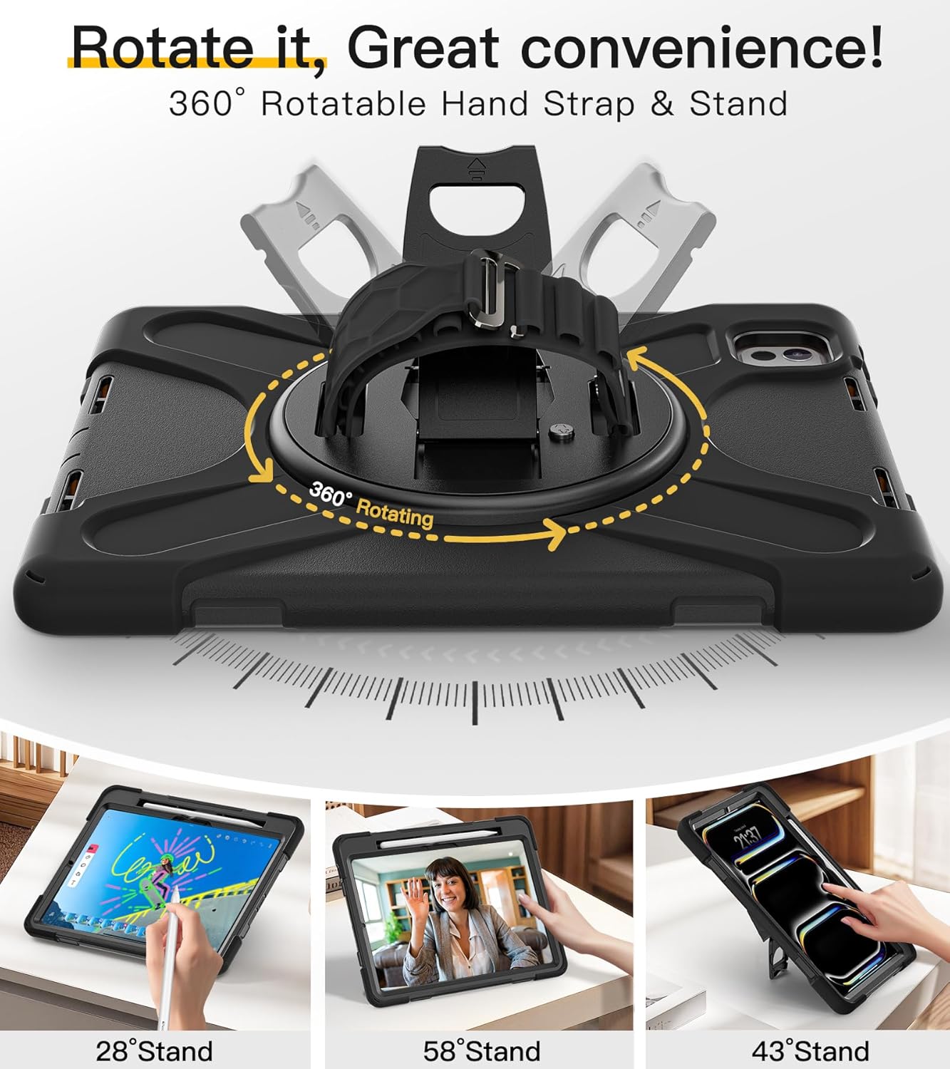 BRAECN Case for iPad Pro 11 inch M5 2025 & M4 2024, 4 Layers Heavy Duty Full-Body Protection Screen Protector Pencil Holder, 360° Rotating Handle Kickstand, Shoulder Strap Kids Friendly