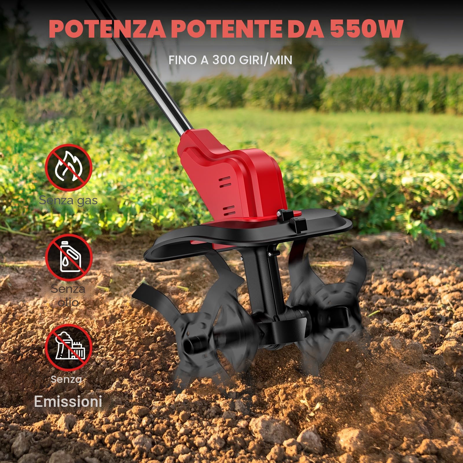 Motozappa a Batteria 21V, Motozappa Elettrica 550W con 2 Batterie 4.0Ah, 2 Frese in Acciaio, Larghezza 30cm, Profondità 22cm, Display LED, Doppia Sicurezza, per Orto e Giardino