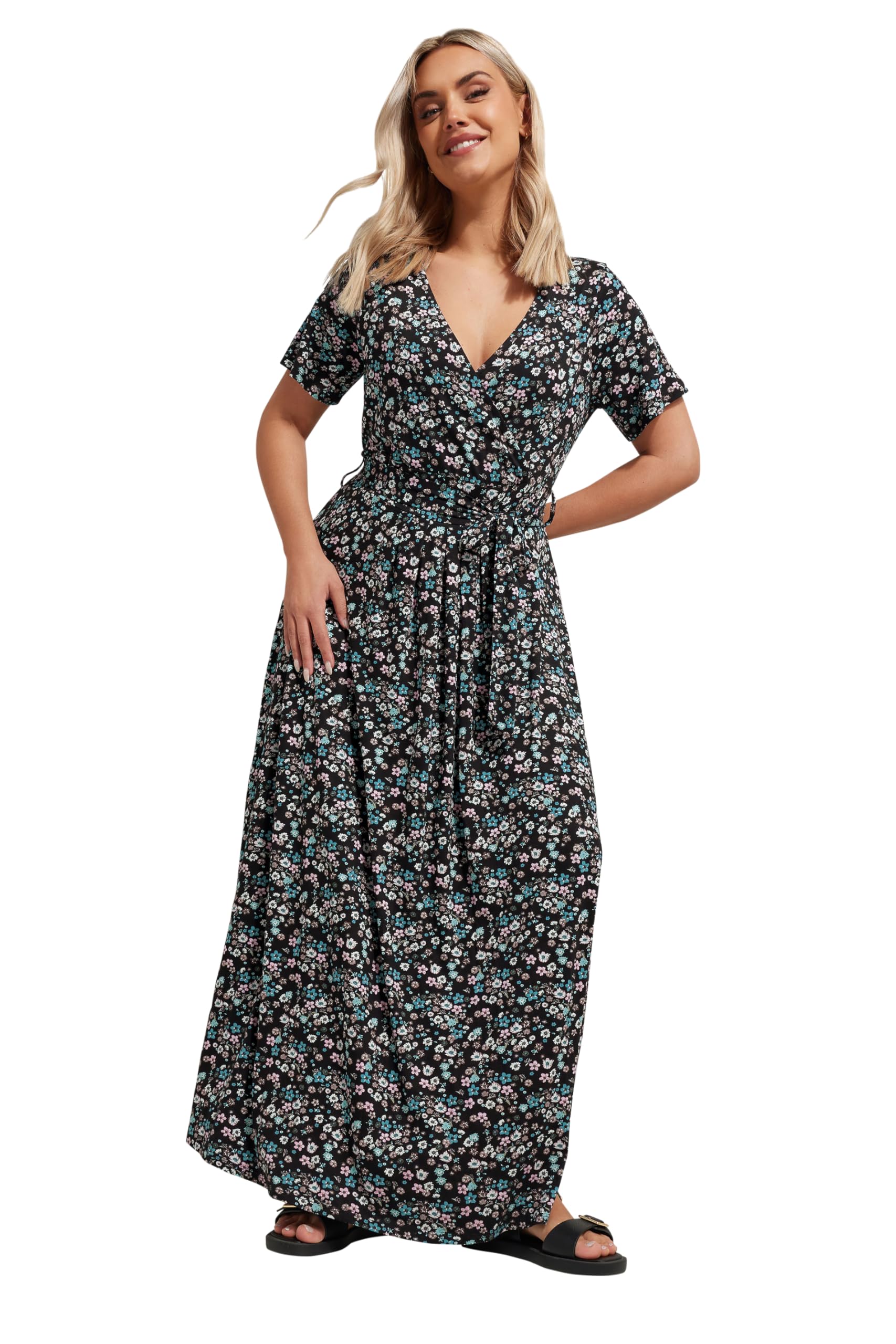 Yours Women's Black Floral Print Maxi Wrap Dress In | Size: 22-24