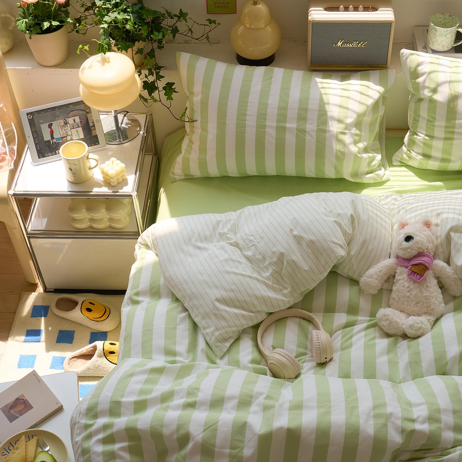 VM VOUGEMARKET Green Striped Duvet Cover Set,Queen(90"x90"),Green White