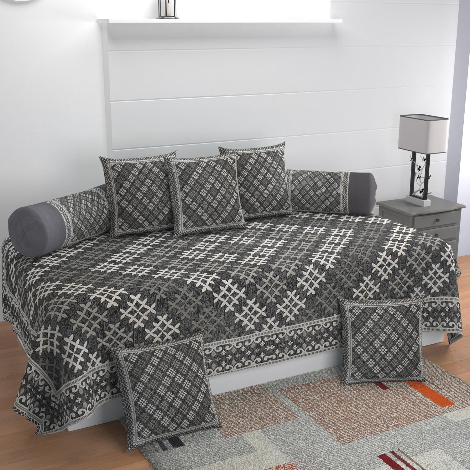 Castiqa Chenille Velvet 510Tc Heavy Quality 8 Piece Diwan Set Covers- 1 Bedsheet 2 Bolster Covers 5 Cushion Covers for Living/Drawing Room (Gray)-picture-16