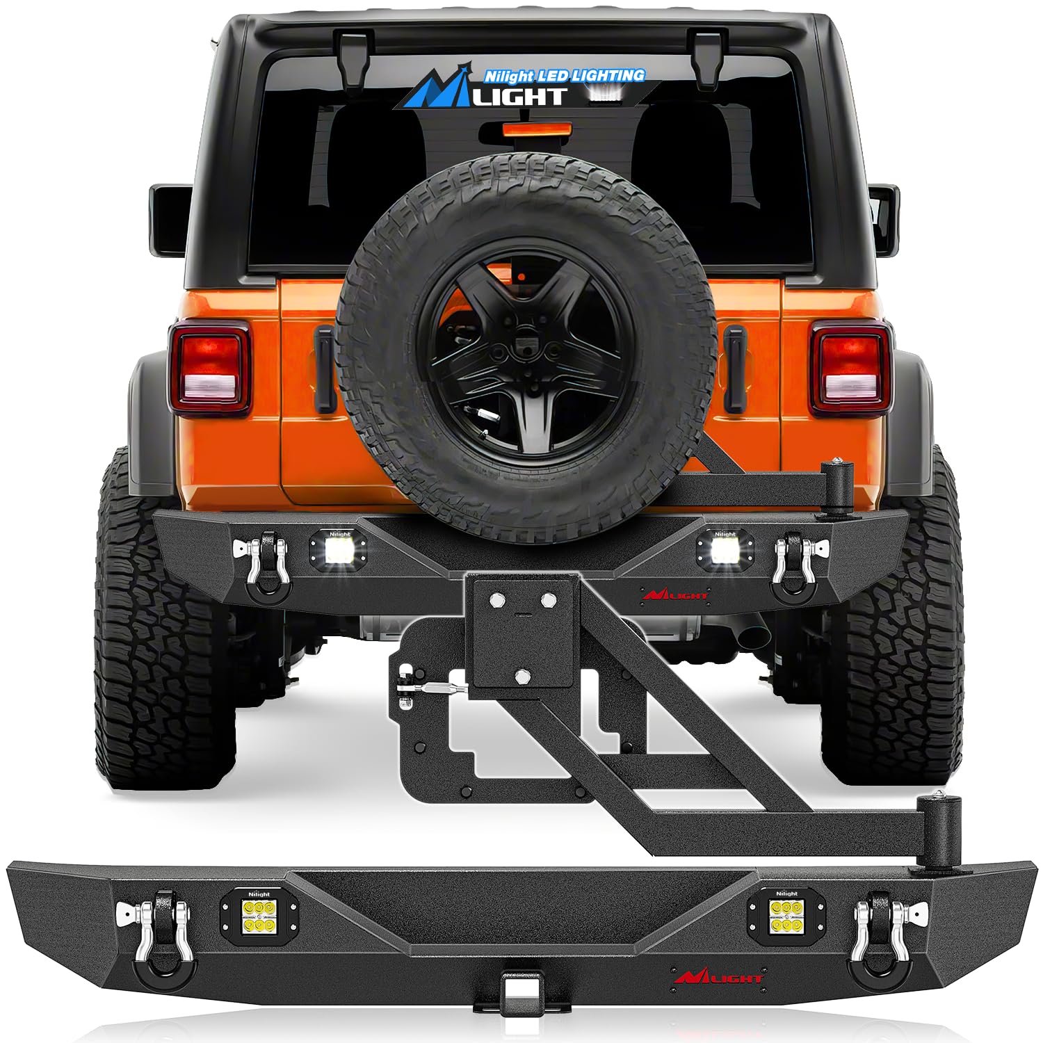 Nilight Rear Bumper with Spare Tire Carrier Compatible for 2007-2018 Wrangler JK & Unlimited (2/4 Doors) Hitch Receiver w 2 LED Lights D-rings