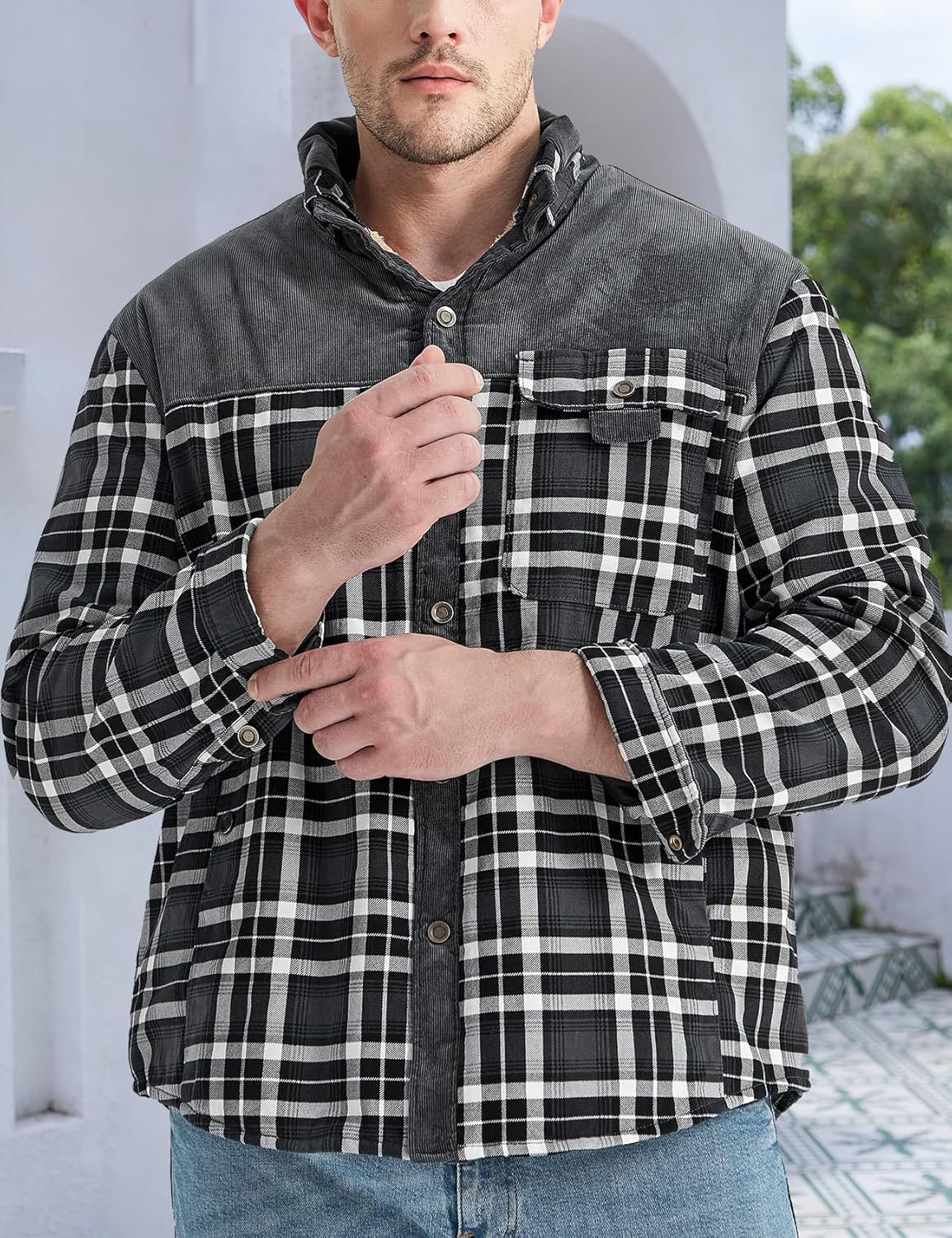 Gihuo Men's Long Sleeve Sherpa Lined Shirts Outdoor Warm Flannel Plaid Jacket Button Down Fleece Coats - Image 5