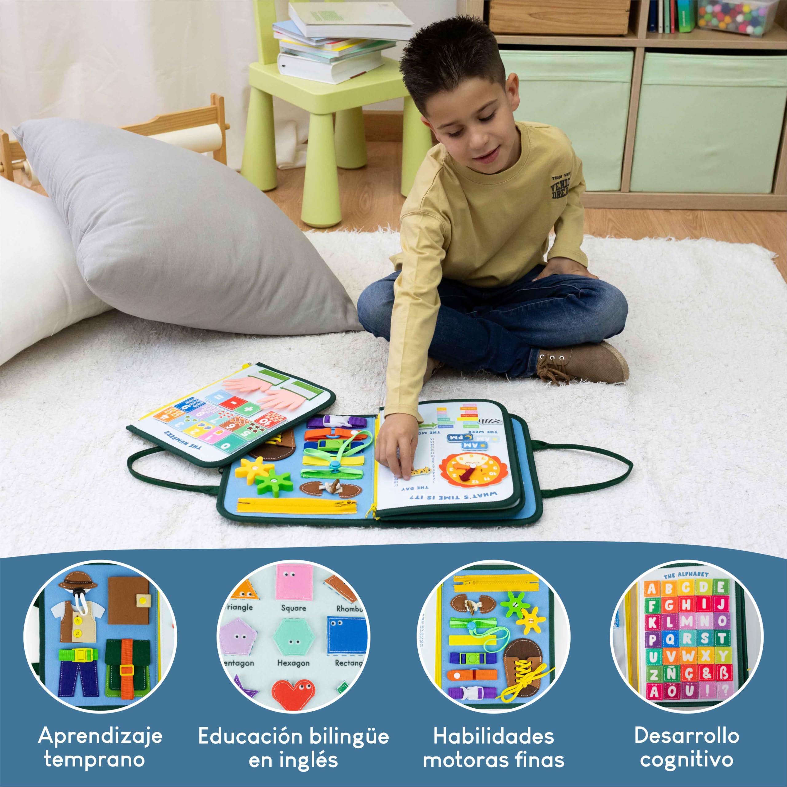 BONNYCO Busy Board Montessori de Fieltro, Maletin de Paneles Sensoriales Montessori. Tablero Busy Book, Juguetes Educativos Motricidad Fina. Juguetes Regalos para Niños y Niñas Cumpleaños, Navidad