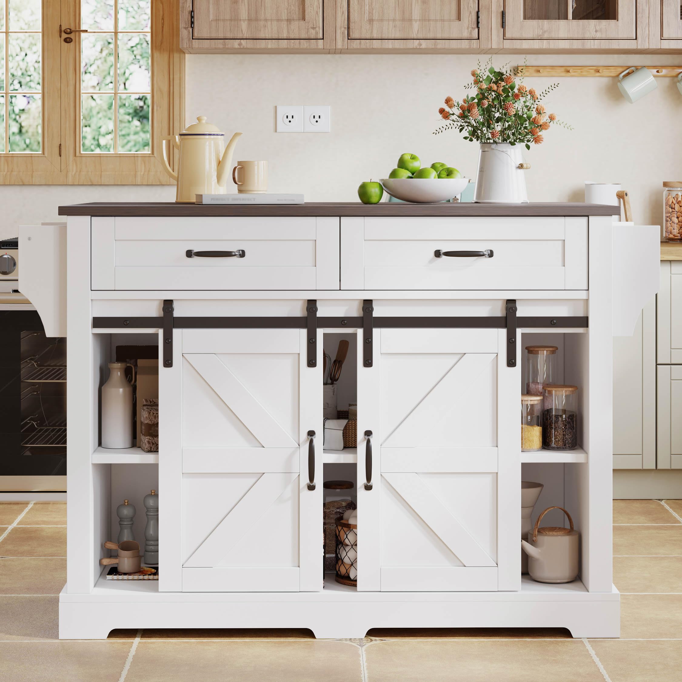 Isla de cocina con encimera plegable, carrito de cocina con ruedas, armario de cocina con 2 puertas correderas y 2 cajones, armario de almacenamiento de cocina, 120 × 45 (70)× 91 cm (blanco)