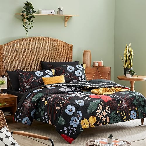 Miniatura 2 de CASAAGUSTO Juego de edredón tamaño matrimonial, 8 piezas de edredón floral negro con patrón de hojas de flores, diseño de sirsaca suave para todas