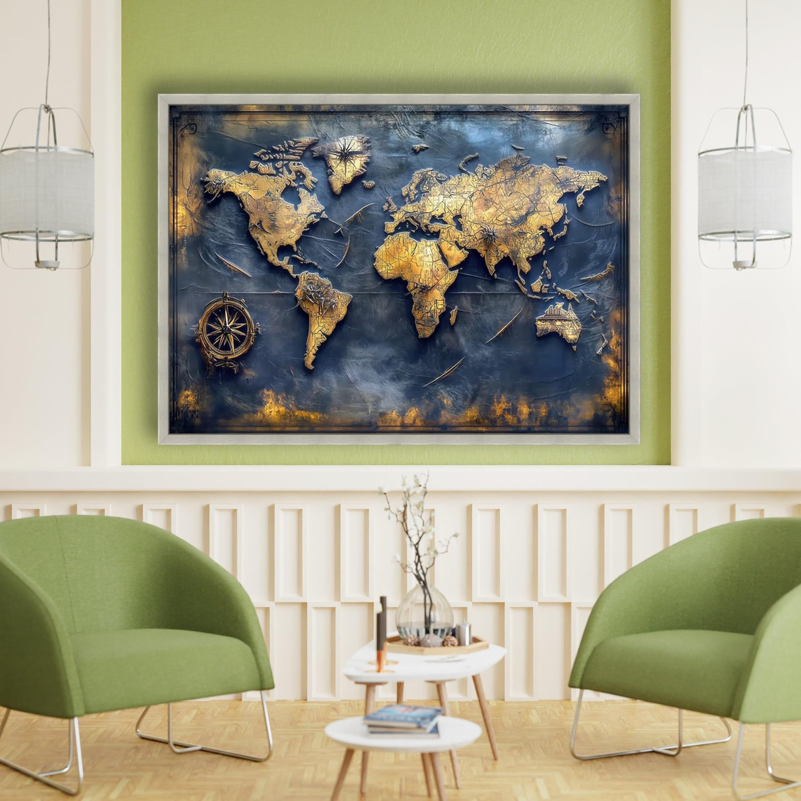 YUSUZHU Vintage-Landkarten-Leinwandbild, Karte im Antik-Stil, Wanddekoration mit nautischem Kompass, rustikales Reisebild, Dekoration für Zuhause oder Büro (50 x 75 cm/Innenrahmen)