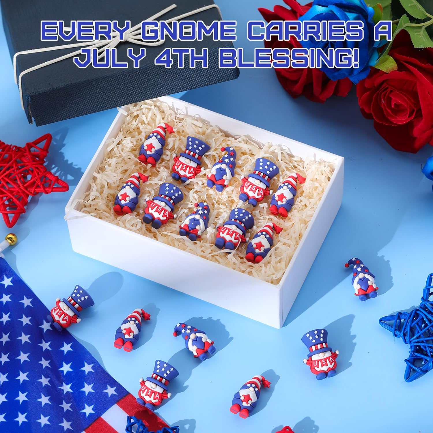 DoubleFill 30 Pcs 4th of July Patriotic Mini Gnomes Figurines Small Gnomes Figures Tiny Miniatures Statue Decor America Anniversary 250th Memorial Day Gifts Bulk Home Office Hide and Seek Decoration