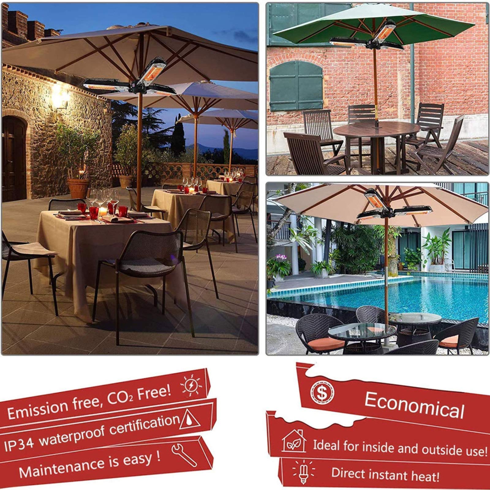 Outdoor Electric Patio Umbrella Heater, Folding Infrared Radiant Heater with 3 Heating Panels for Garden Pergola Gazabo Parasol 1500W Fan Heater,Black : Patio, Lawn & Garden