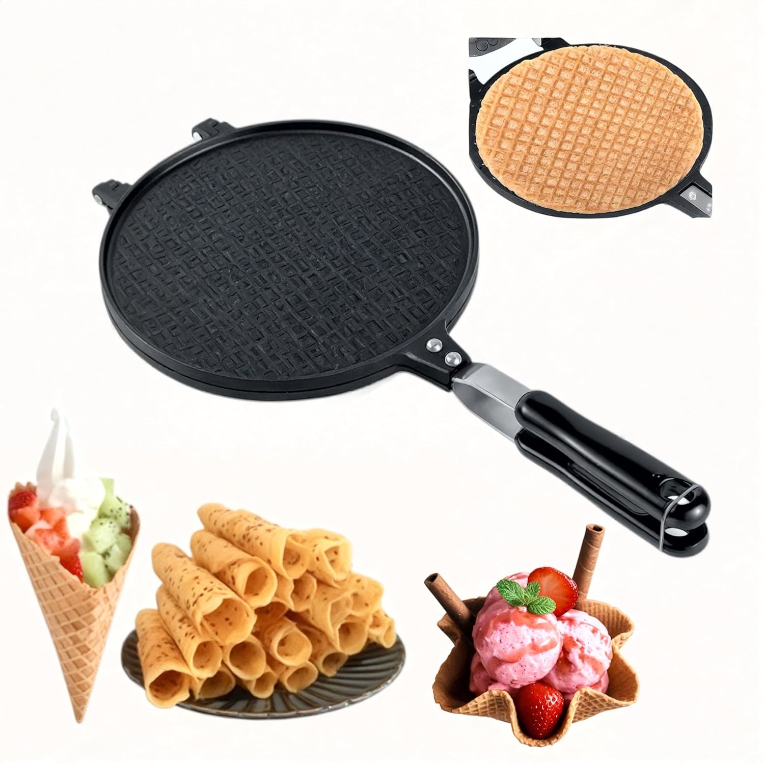 THW® Double Side Waffle Maker, Pancake Crispy Cone Omelet Plates Mold for Waffle Cups, Ice Cream Cone Maker, for Home Kitchen Restaurant Snack Stand Cake Shop (GAS STOVE ONLY)