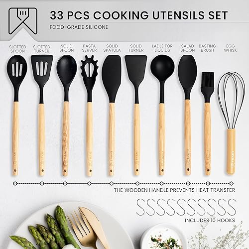 Miniatura 2 de TRANI Juego de utensilios de cocina de silicona de 33 piezas con soporte, compacto, resistente al calor hasta 446 F, antiadherente y duradero con