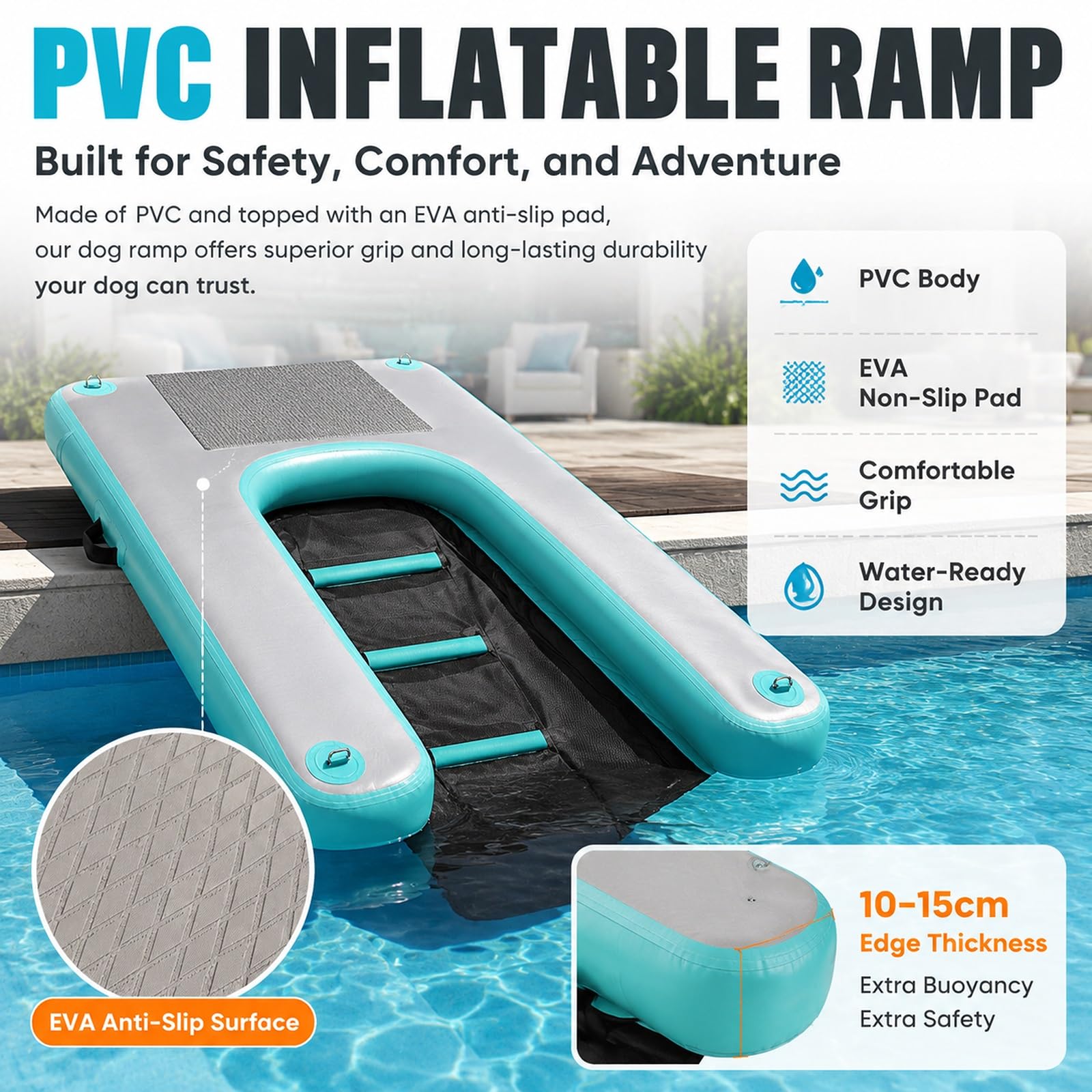 Rampa de Agua Para Perros Rampa Inflable Flotante Para Perros (escalera/rampa), Plataforma Portátil Tipo Escalera Para Piscinas, Muelles, Lagos, Barcos Y Playas; Apta Para(Blue,H 10cm(3 9/10"))