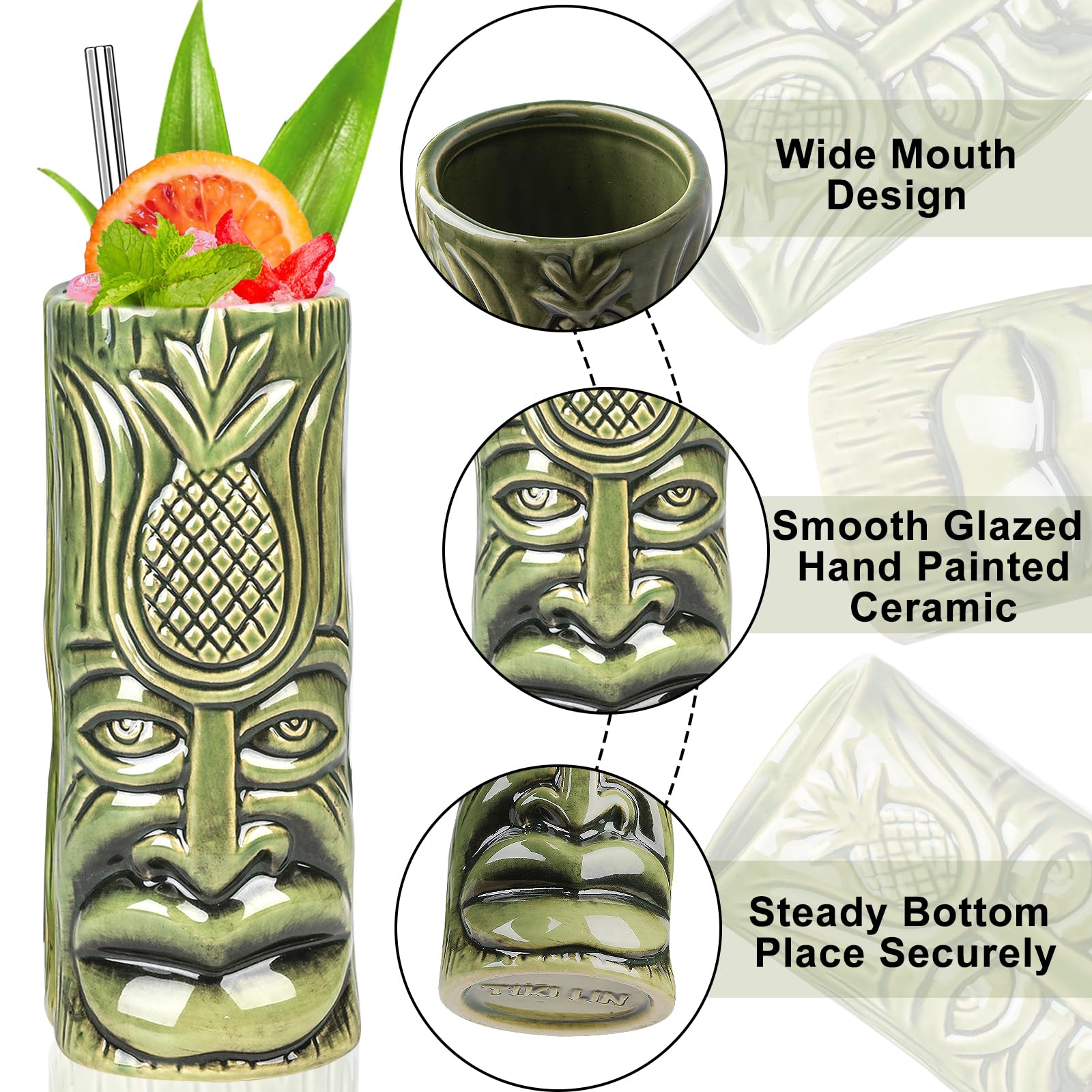 Tiki zestaw filiżanek, 4 sztuki, szklanki tiki do koktajli, duże tropikalne kubki ceramiczne z podstawkami, na Hawaje, Tiki, imprezę, koktajl, szkło, do baru, drinków, premium, tropikalne, egzotyczne